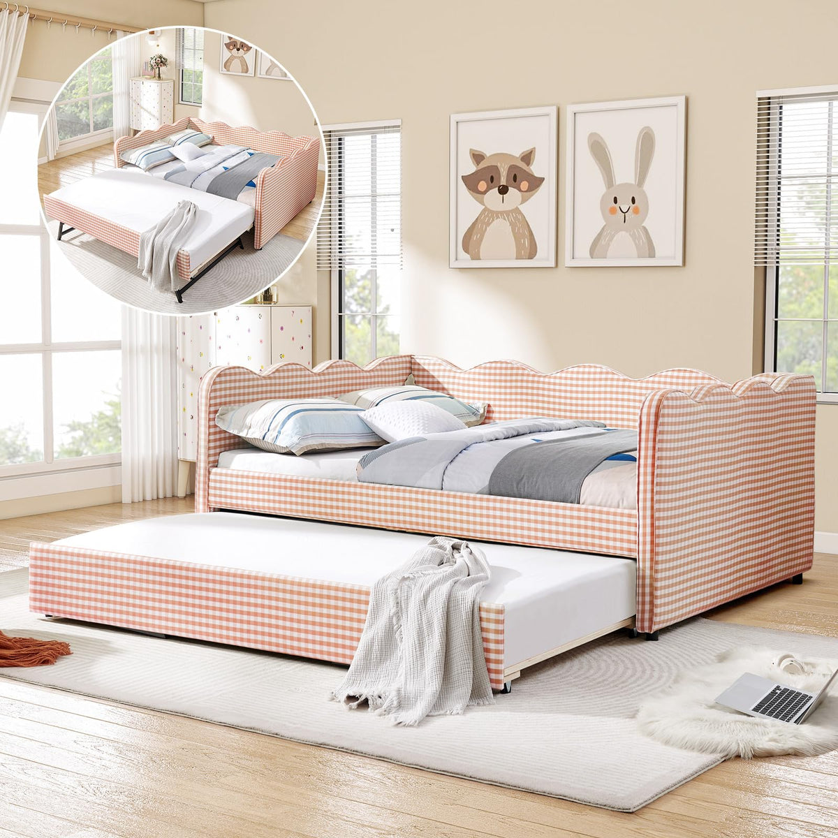 Twin Size Daybed with Pop Up Trundle, Linen Gingham Twin to King Daybed with USB Ports, Upholstered Day Bed Frame, Modern Sofa Bed for Living Room/Bedroom/Guest Room, No Box Spring Needed, Pink