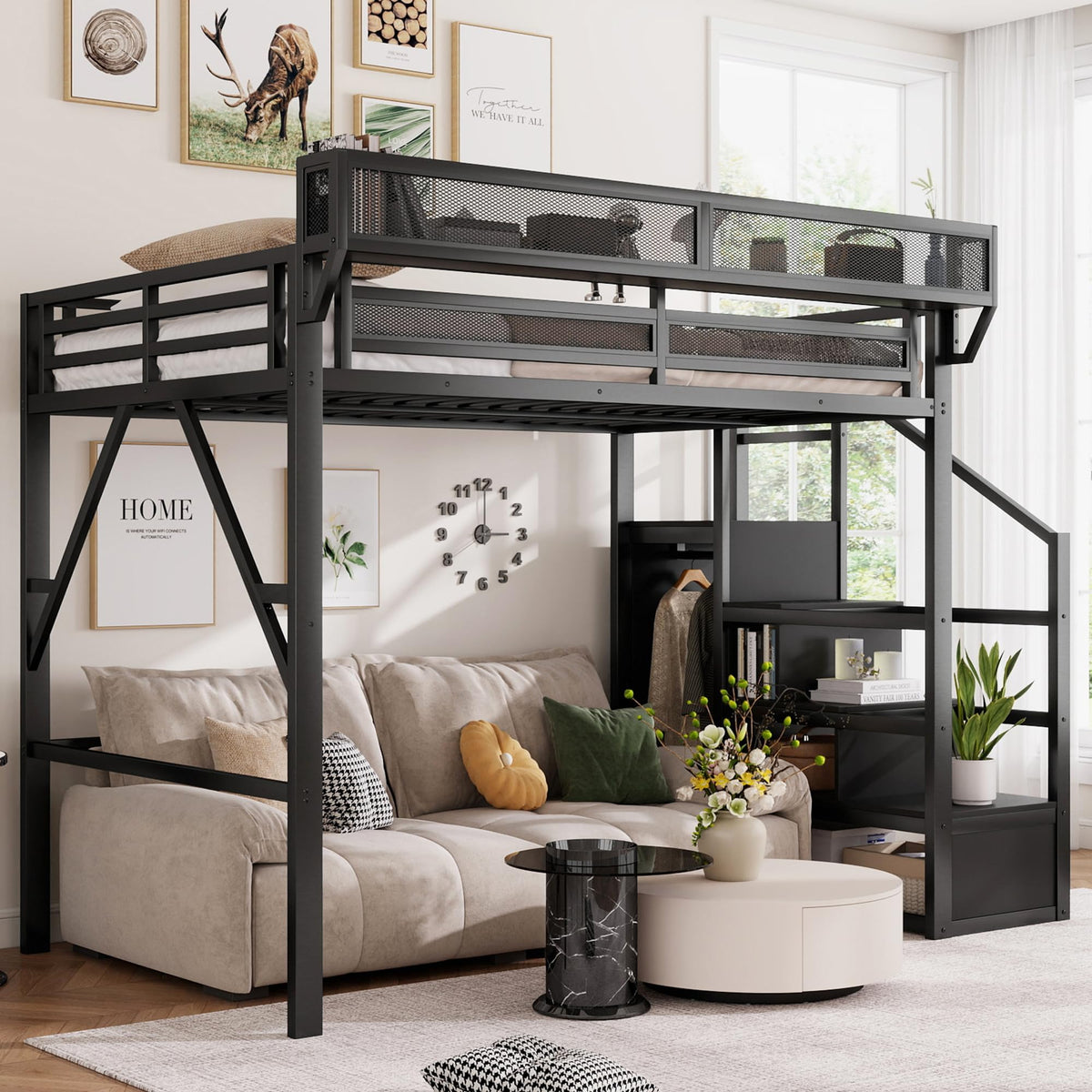 Mirightone Queen Size Loft Bed with Stairs and Storage, Metal Loft Bed Frame with Bedside Shelf and Large Under-Bed Space, Heavy-Duty Loft Beds for Adults Teens and Kids, Convertible Staircase, White