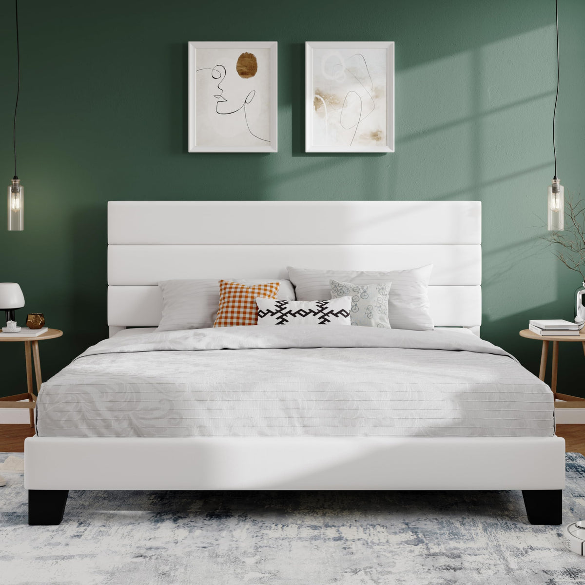 SHA CERLIN Queen Platform Bed Frame with Upholstered Fabric Headboard,Beige