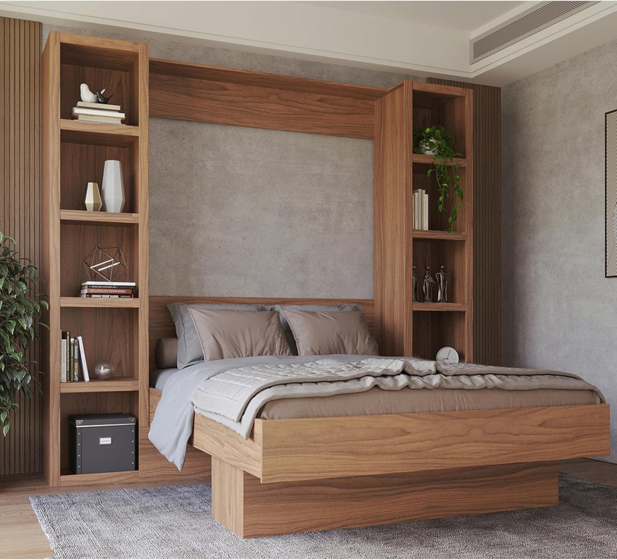 Oakland Living Easy-Lift Queen Murphy Wall Bed in Brown Wood Grain with Two Bookshelves