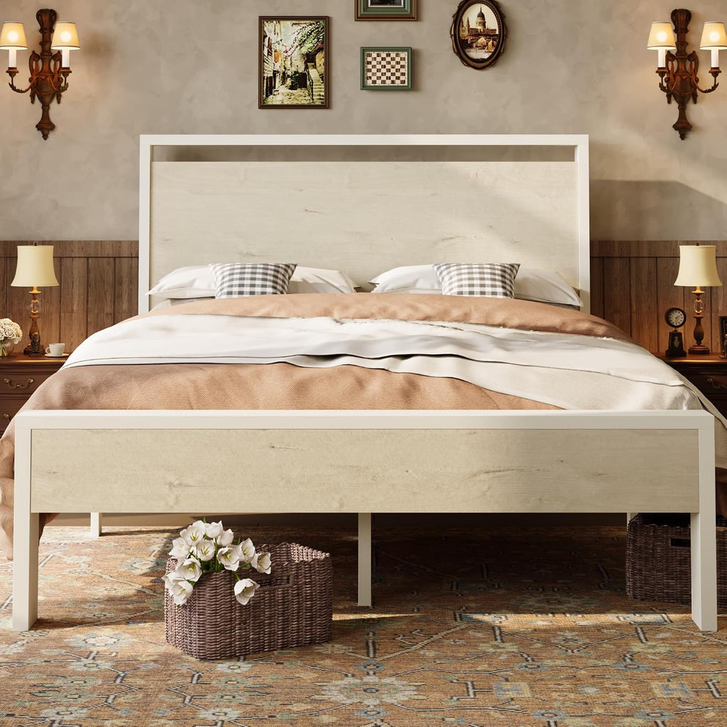 SHA CERLIN 14 Inch Queen Metal Platform Bed Frame with Wooden Headboard and Footboard, No Box Spring Needed, Large Under Bed Storage, Heavy Duty Slats Support, White Washed Oak