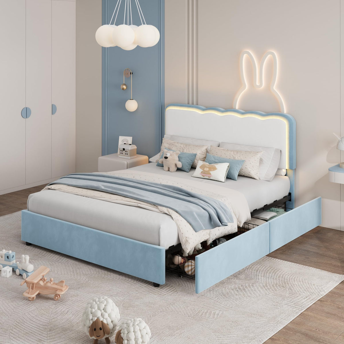 Garvee Irregular Wave LED 2-Drawer Soft Upholstered Bed, Soft Padding