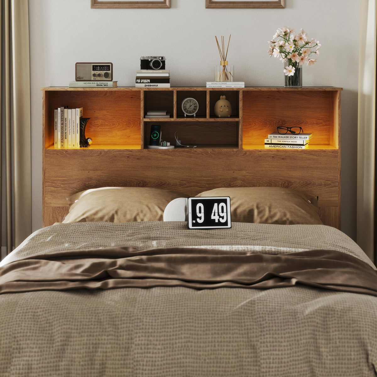 Apicizon 81" King Size Headboard Only, Black Storage Headboard with USB for King Size Bedroom, Wood Head Board with 2 LED Lights, Black Bookshelf