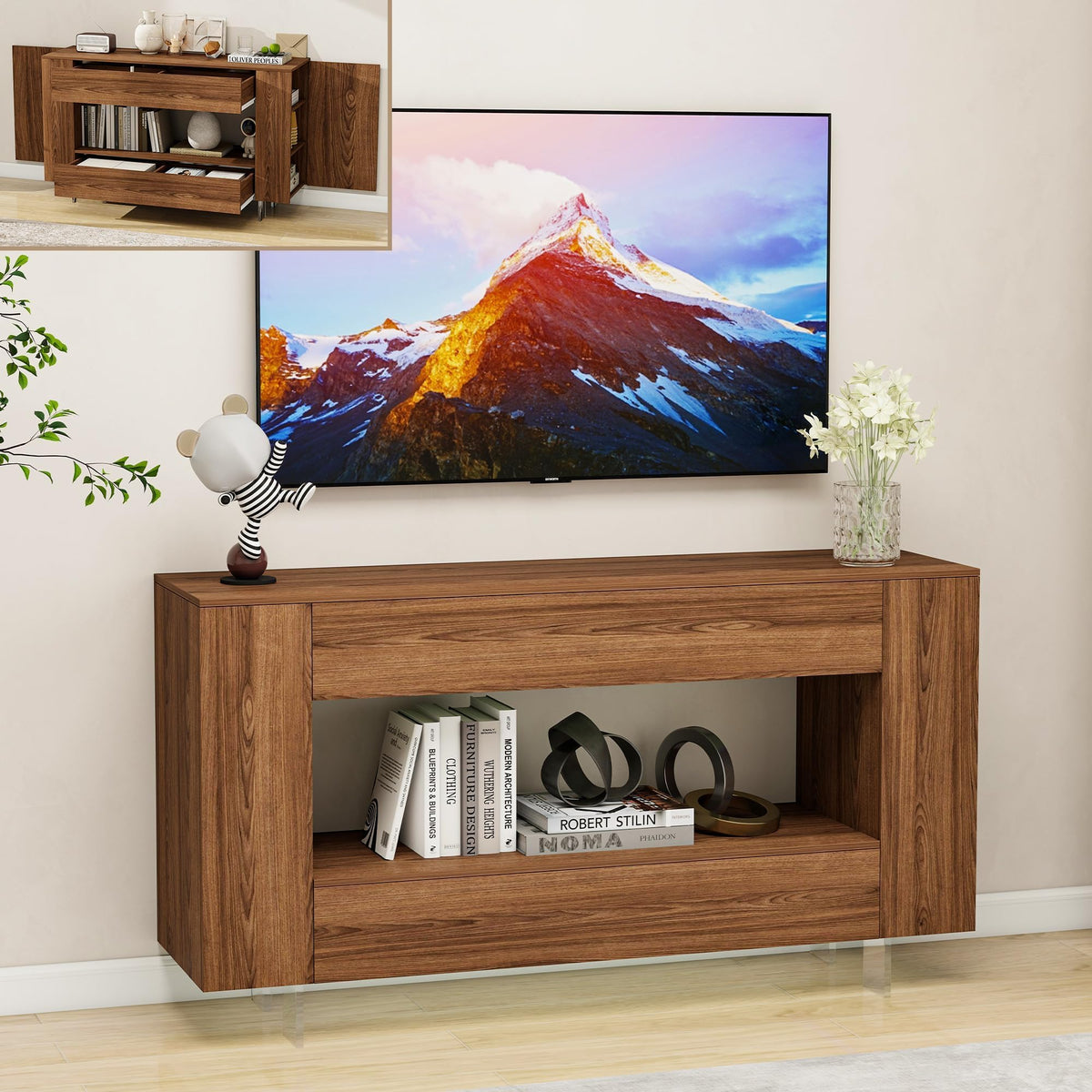 65" TV Stand with 2 Drawers & Hidden Cabinets, Brown Wood Grain Finish