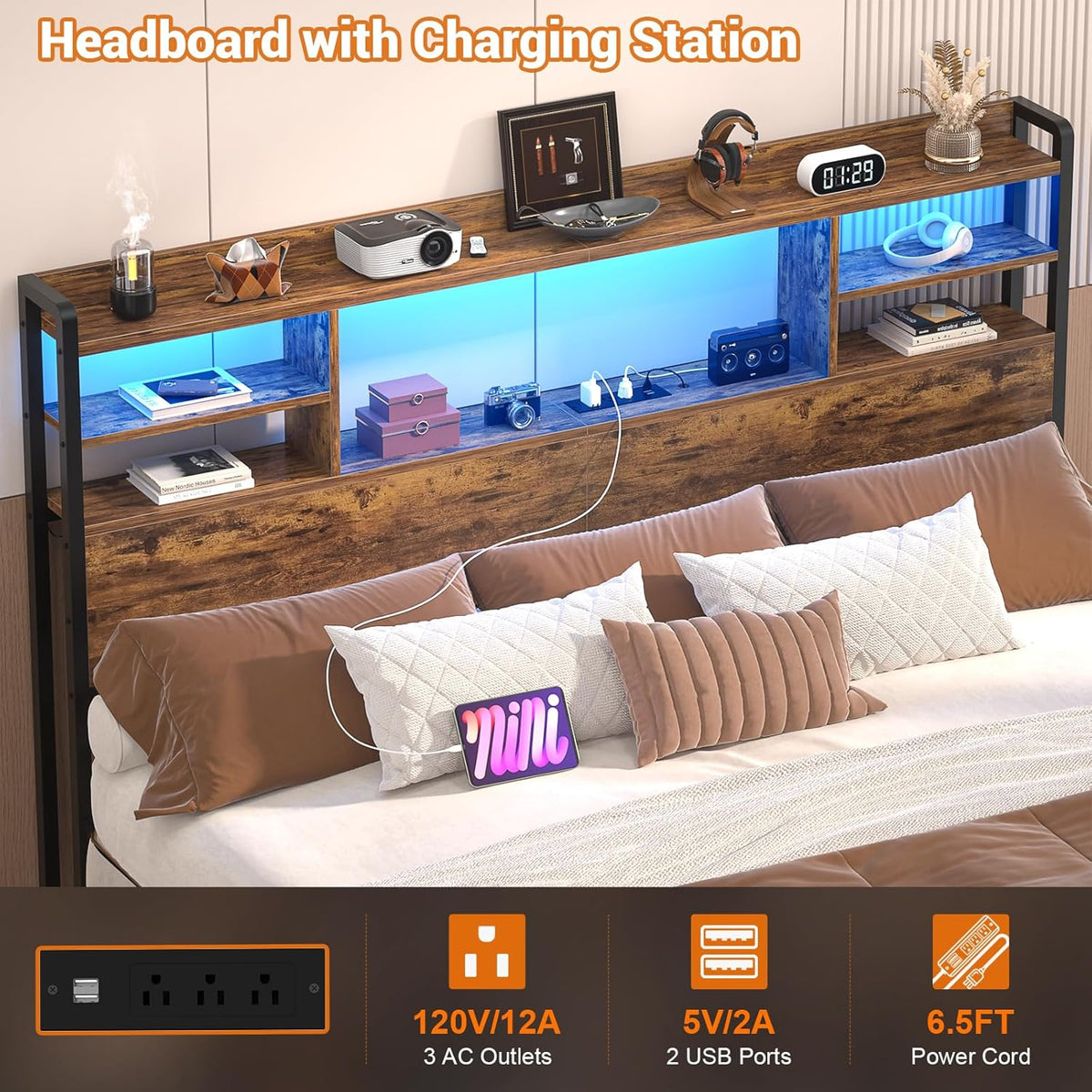 Aheaplus Headboard for Queen Size Bedwith Storage and Outlets, Rustic Brown