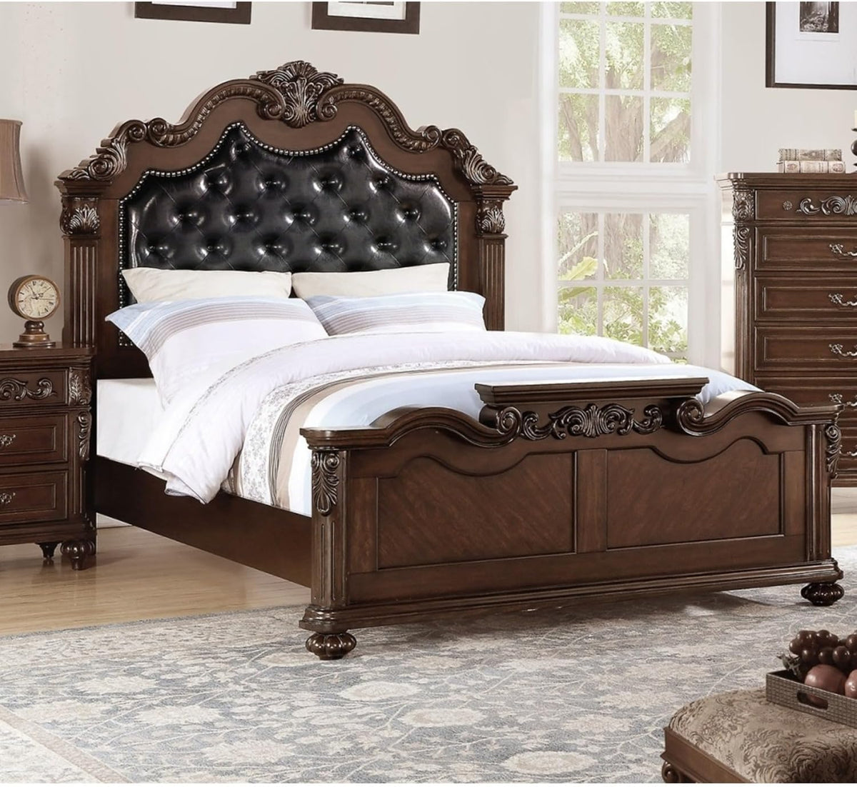 Traditional King Bed Frame Solid Wood Ornate Carved Headboard Footboard Scalloped Crown Bun Feet Slatted Support System Foundation Required Classic Bedroom Statement Piece Antique (Cherry A -1)