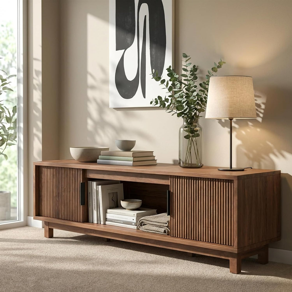 Alpen Fluted TV Stands for Living Room, 58" Mid Century Modern Entertainment Center with Storage, Brown Walnut TV Console for 55/60/65 Inch TV, Wood Television Media Cabinet for Bedroom