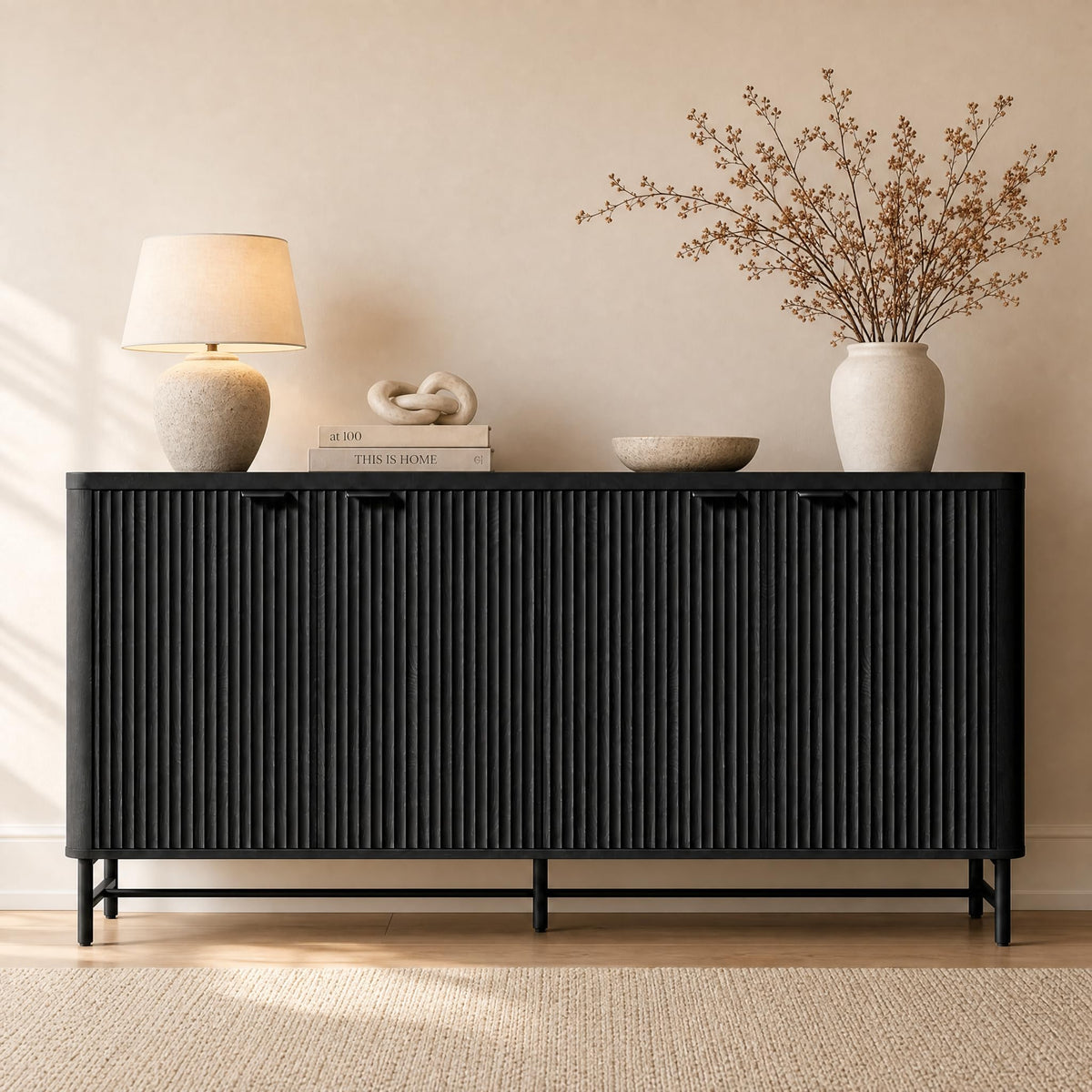 Fatmok Fluted TV Stand for up to 75" TVs, 68" Entertainment Center with 4 Doors, Modern Media Console with Adjustable Shelves & Storage Cabinets, Black and Grey
