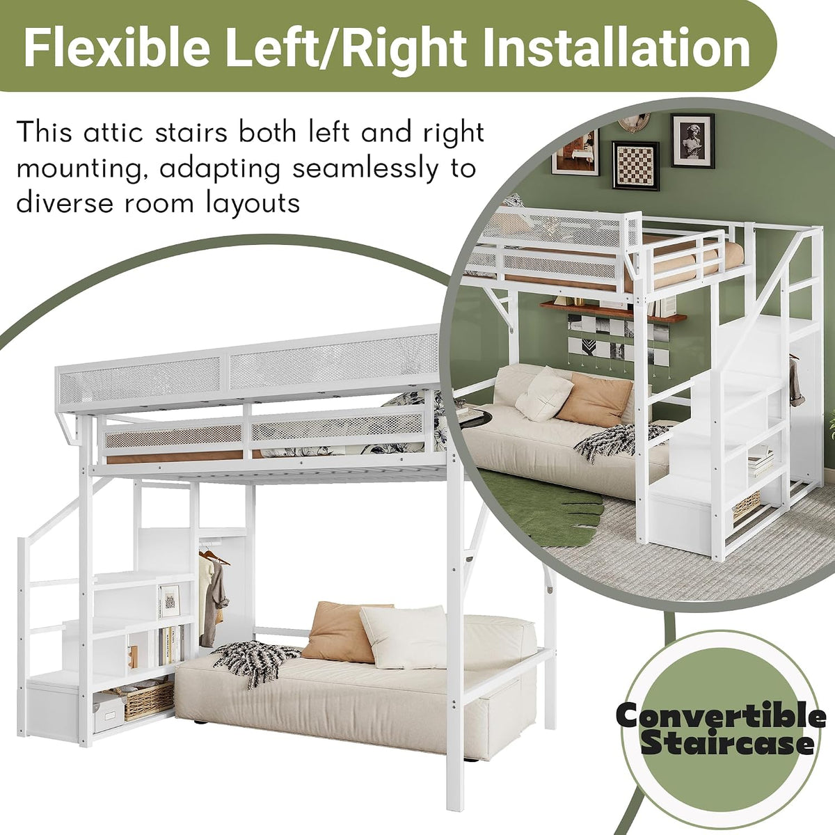 Mirightone Queen Size Loft Bed with Stairs and Storage, Metal Loft Bed Frame with Bedside Shelf and Large Under-Bed Space, Heavy-Duty Loft Beds for Adults Teens and Kids, Convertible Staircase, White