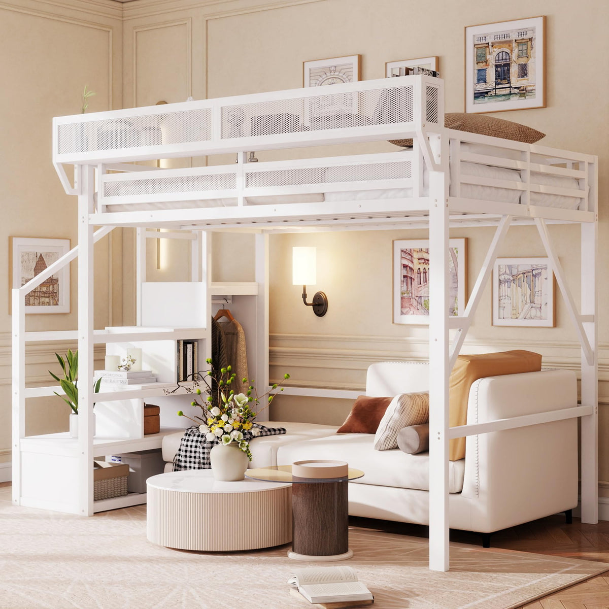 Mirightone Queen Size Loft Bed with Stairs and Storage, Metal Loft Bed Frame with Bedside Shelf and Large Under-Bed Space, Heavy-Duty Loft Beds for Adults Teens and Kids, Convertible Staircase, White