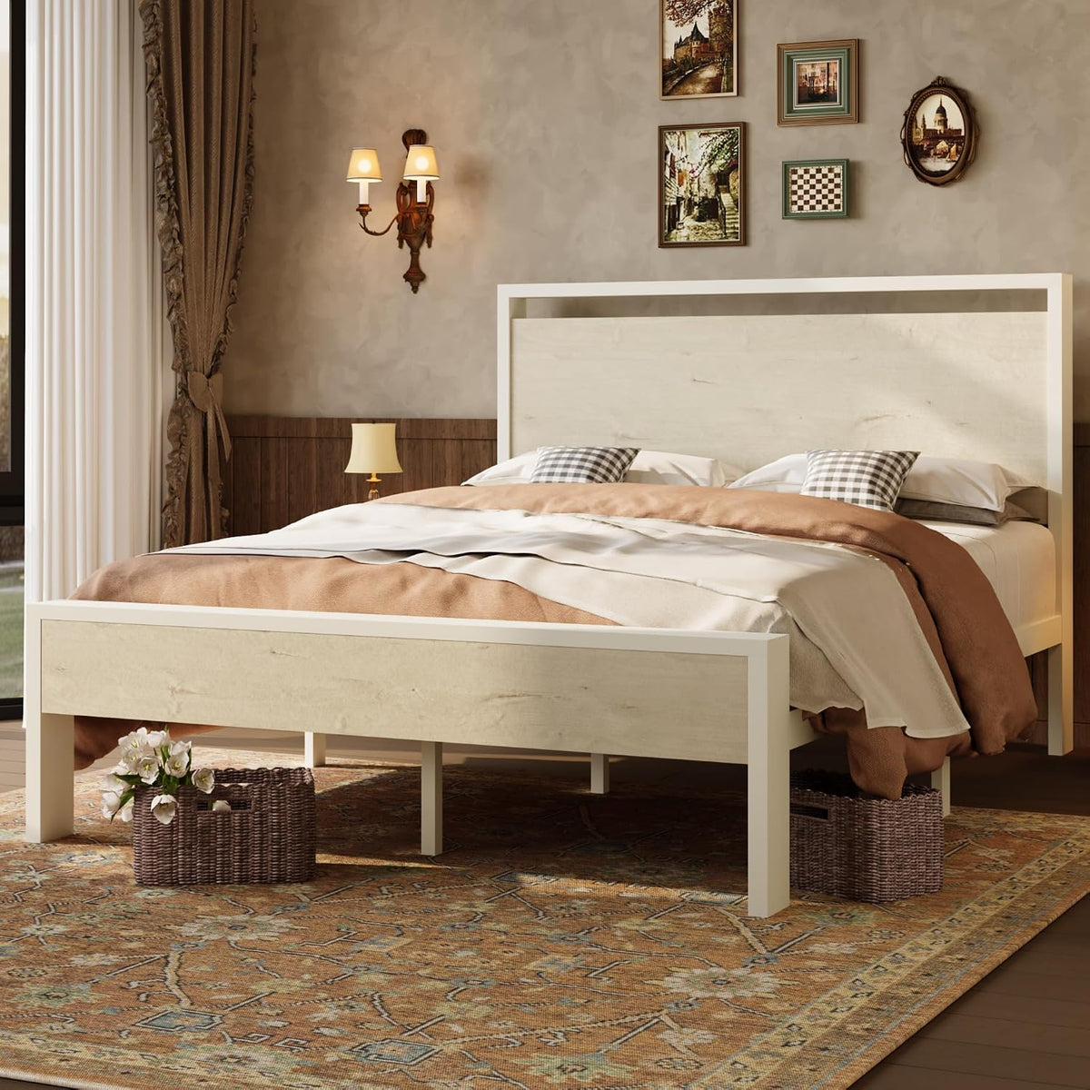 SHA CERLIN 14 Inch Queen Metal Platform Bed Frame with Wooden Headboard and Footboard, No Box Spring Needed, Large Under Bed Storage, Heavy Duty Slats Support, White Washed Oak