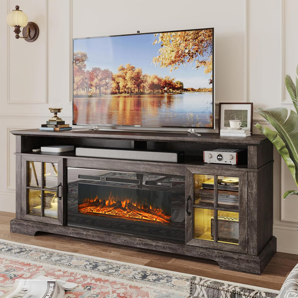 70" TV Stand with Electric Fireplace, Modern Entertainment Center for TVs Up to 80 Inches, Media Console with Storage Cabinets & Doors, Farmhouse Style for Living Room, Black