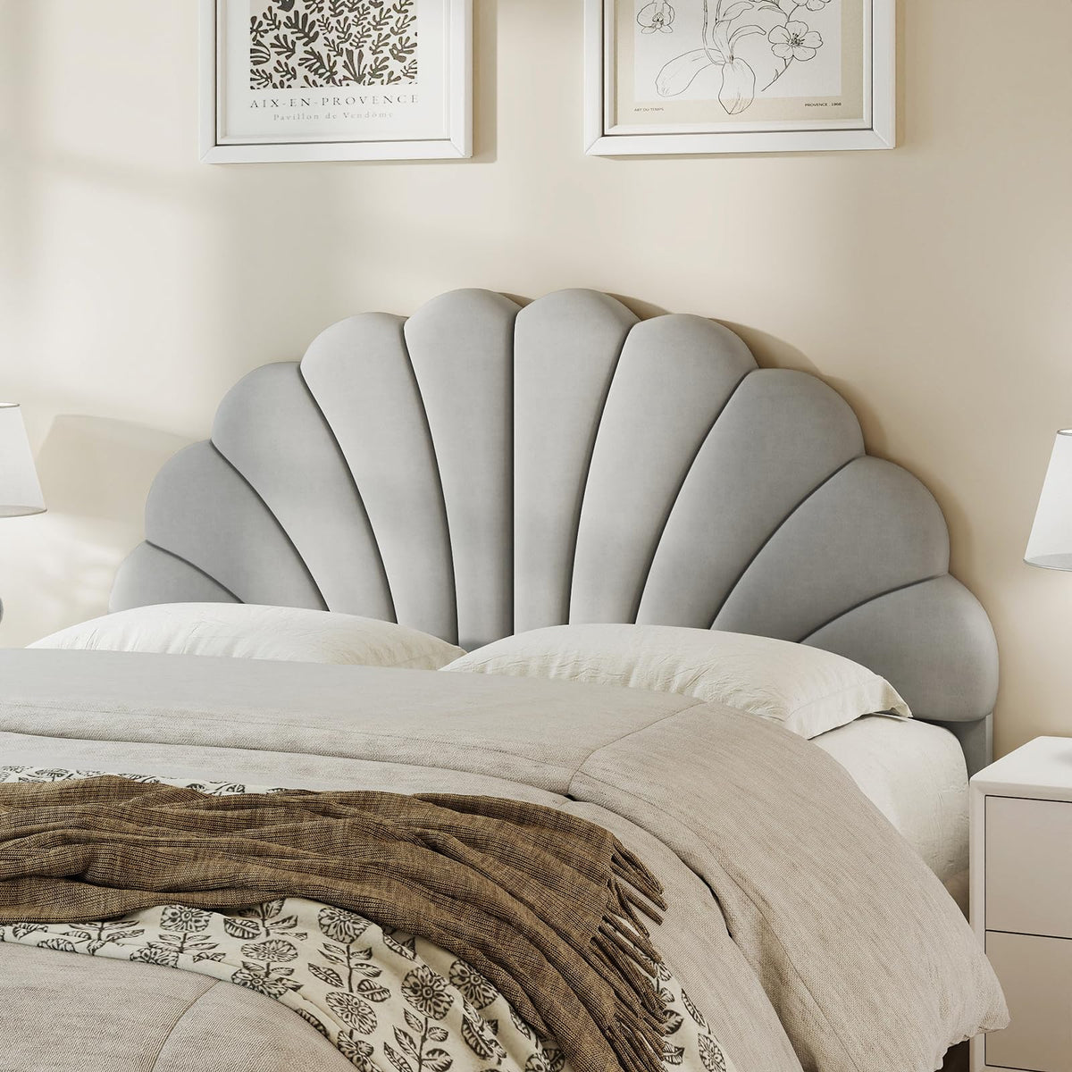 Befurtori Queen Size Headboard Only, Velvet Petal Wall Mounted, Cream