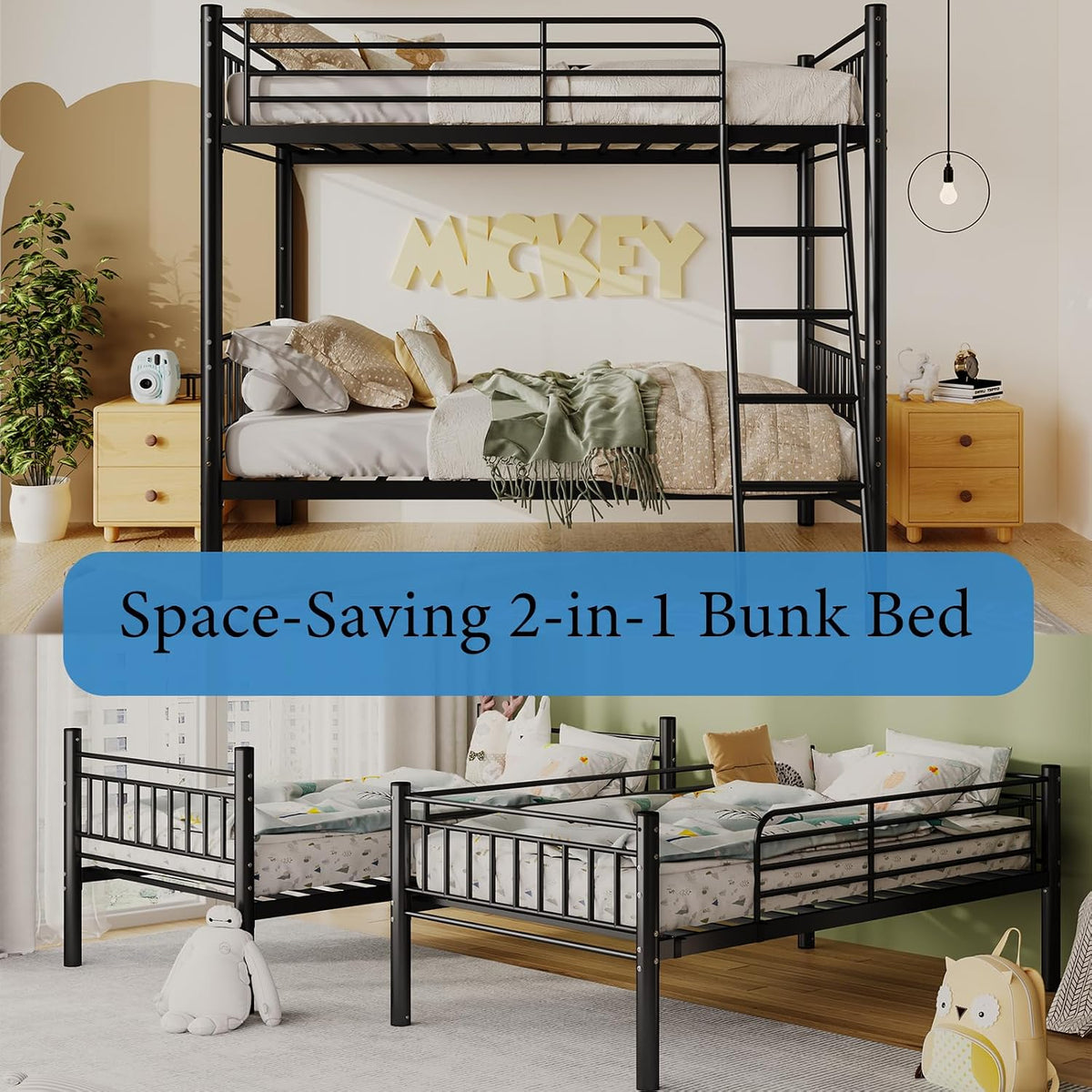 Bunk Bed Twin Over Twin, Metal Bed Frame, Twin Bunk Bed with Stairs and Safety Guardrail, No Box Spring Needed, Noise Free for Apartment, Bedroom (Black,02)
