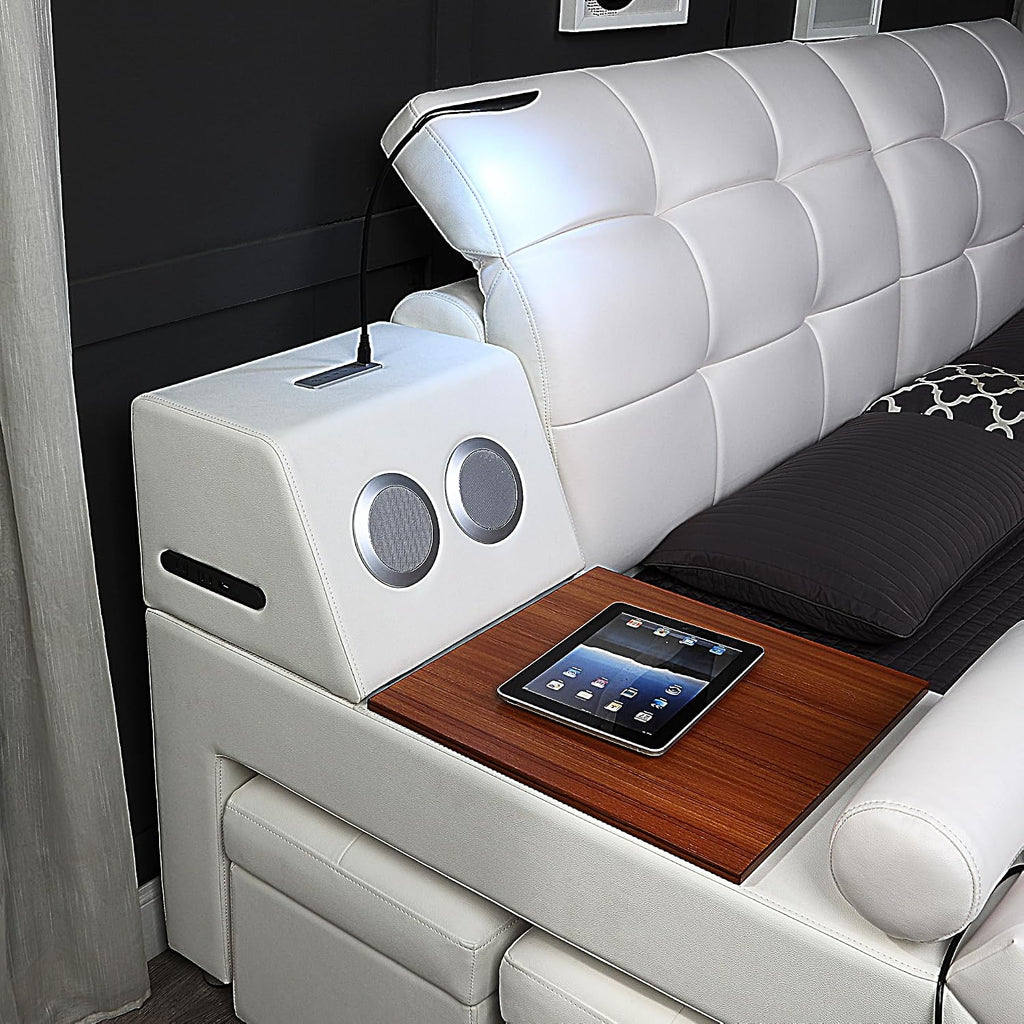 Multifunction Smart King Bed Frame, Luxury Upholstered Platform with Massage Recliner/Speaker/USB Port/Storage Drawers, Adjustable Leather Headboard, White