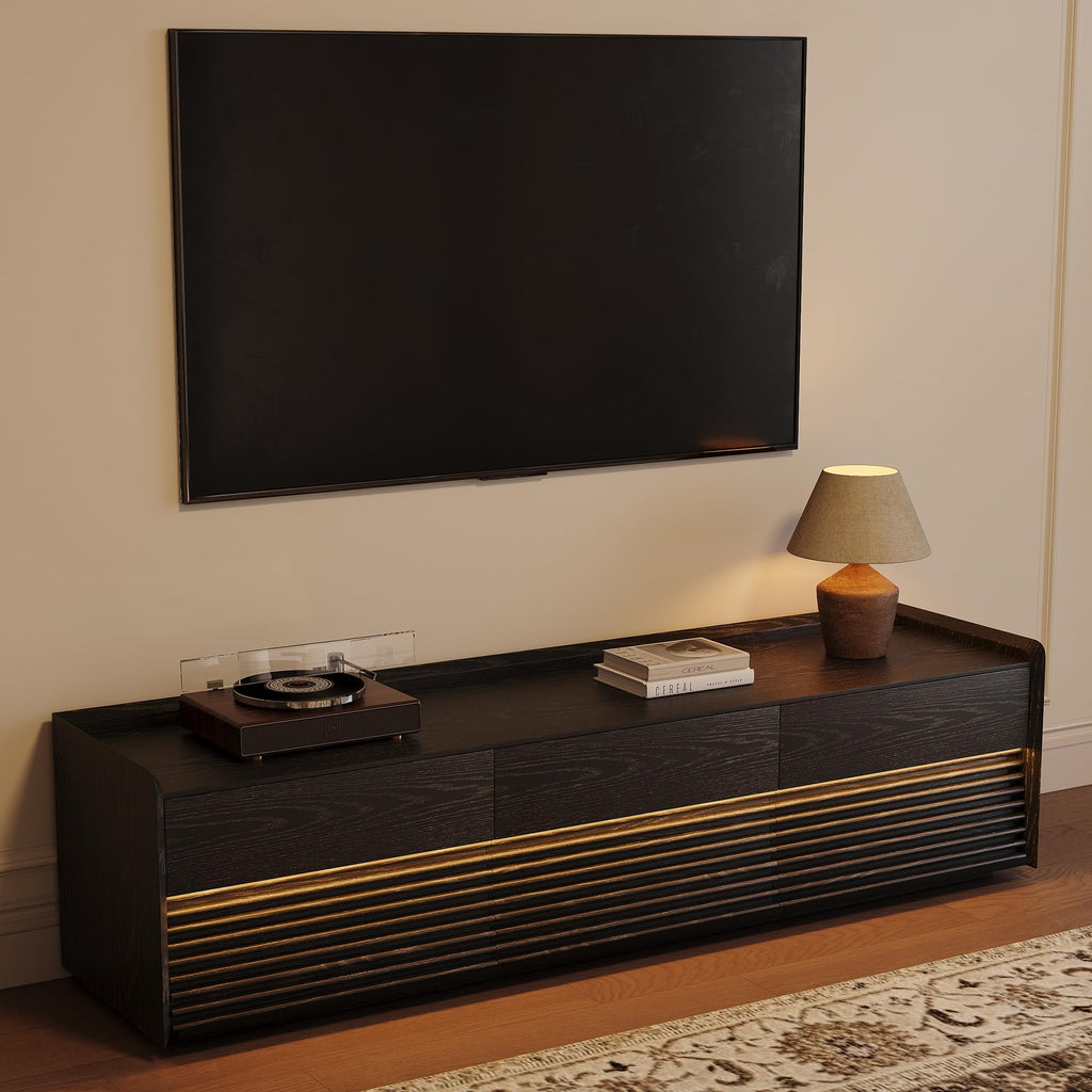 POVISON Fully-Assembled Mid Century Modern TV Stand, 94.49" Wood Media Console with Adjustable LED Light, Entertainment Center with Storage for Living Room