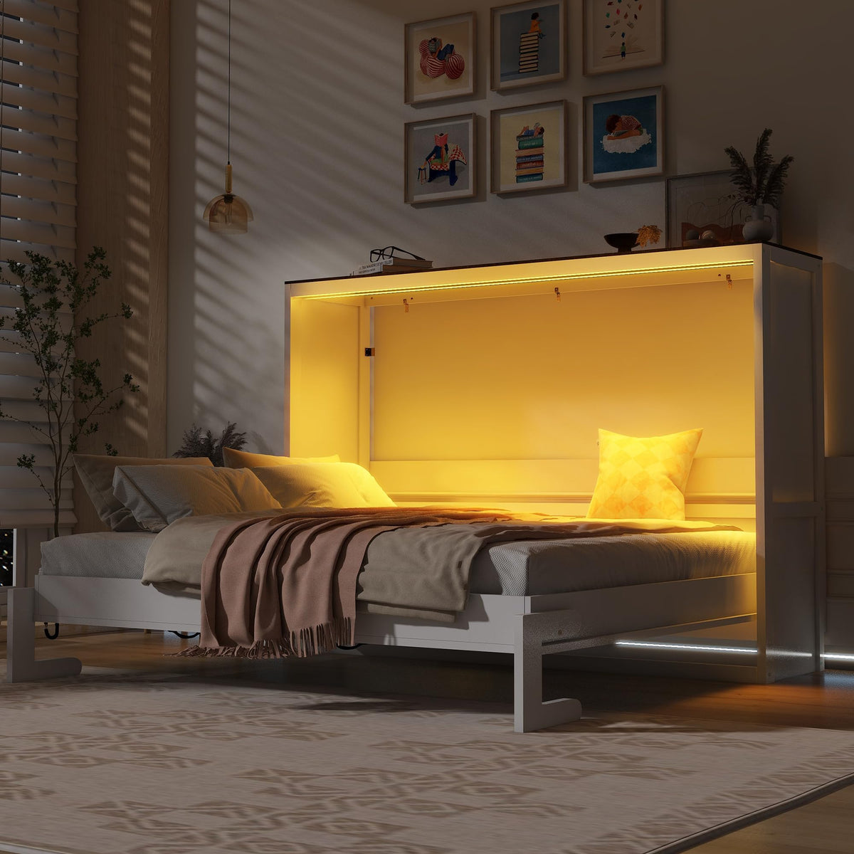 YOPTO Queen Murphy Bed with Storage Shelves and Desk,Cabinets,Lights,White