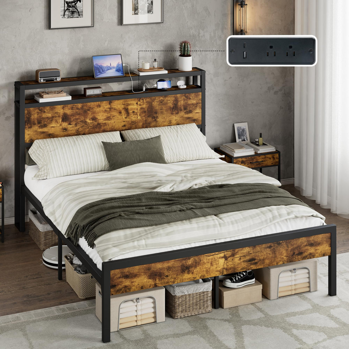AMERLIFE King Size Platform Bed Frame with Charging Station