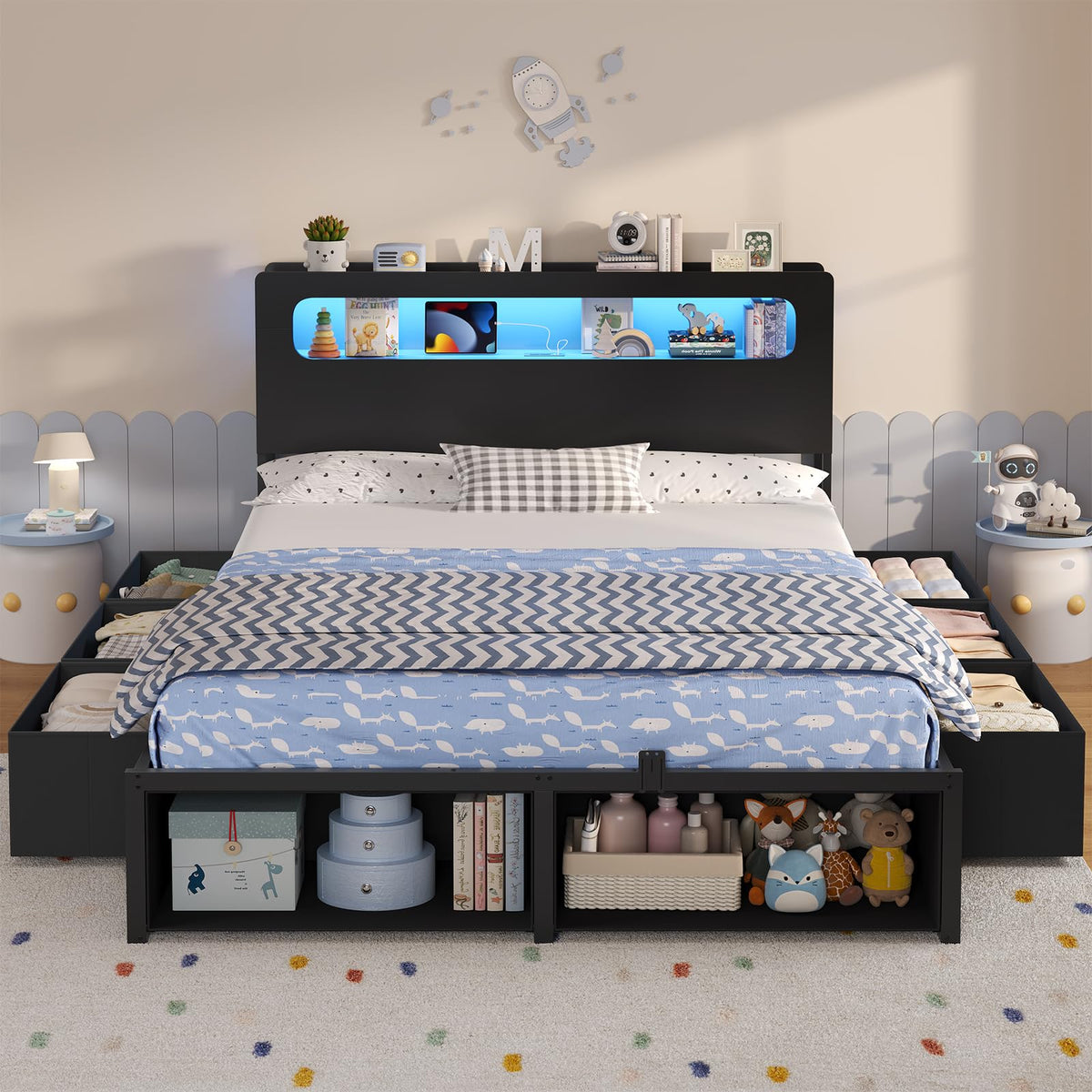 ADORNEVE Twin Bed Frame with 6 Storage Drawers & LED Headboard, Black
