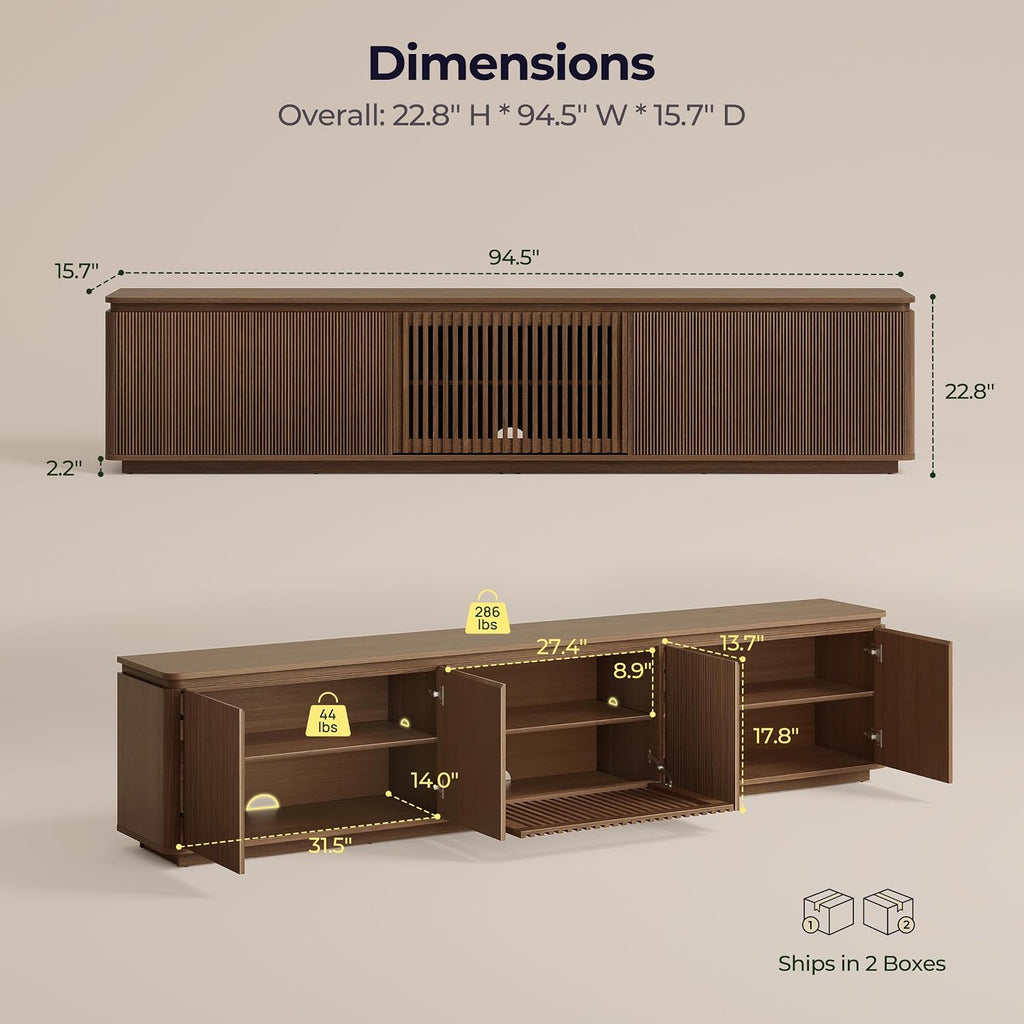94.5" Mid Century ModernTV Stand with LED Lights for TVs up to 98", Walnut