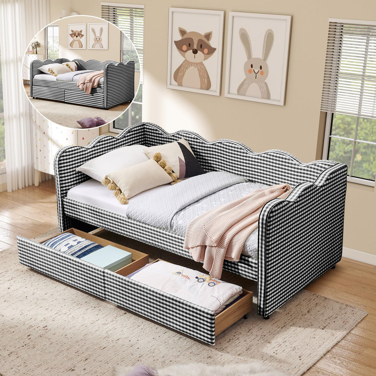 Twin Size Daybed with Pop Up Trundle, Linen Gingham Twin to King Daybed with USB Ports, Upholstered Day Bed Frame, Modern Sofa Bed for Living Room/Bedroom/Guest Room, No Box Spring Needed, Pink