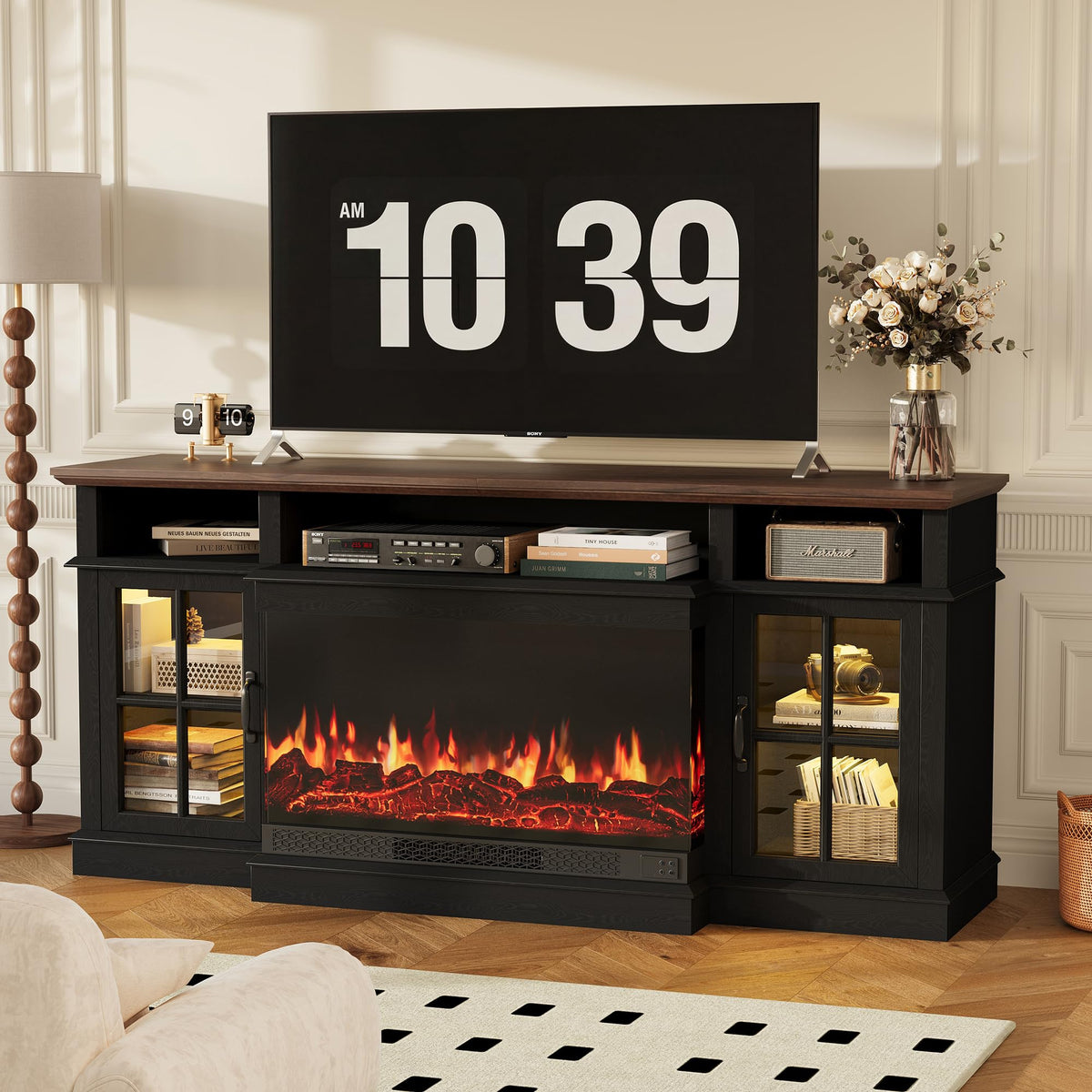 98" Farmhouse TV Stand with Fireplace, White & Black