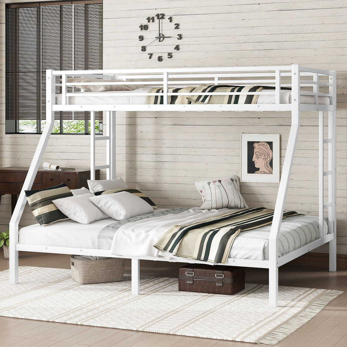 Bellemave Full Over Full Bunk Beds, Metal Bunk Bed with Ladder and Guardrail for Kids, Adults, Can be Split, White