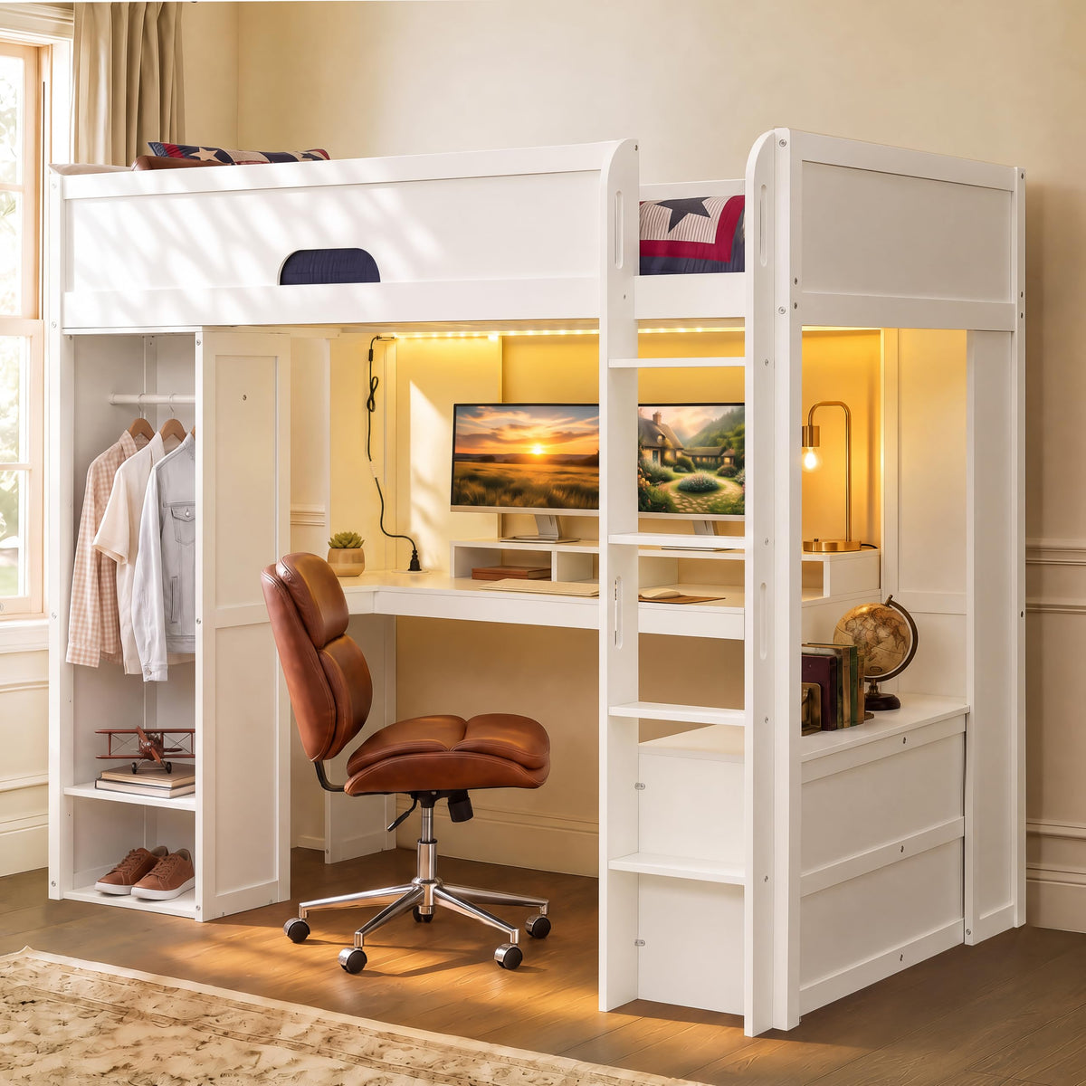Merax Full Size Wood Loft Bed with L-Shaped Desk, Storage Cabinet, Gray