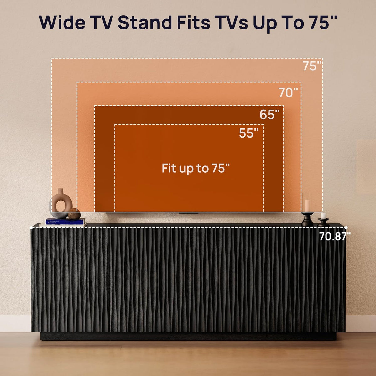 70" Fluted Mid-Century Modern TV Stand for TVs Up to 75", Black Walnut