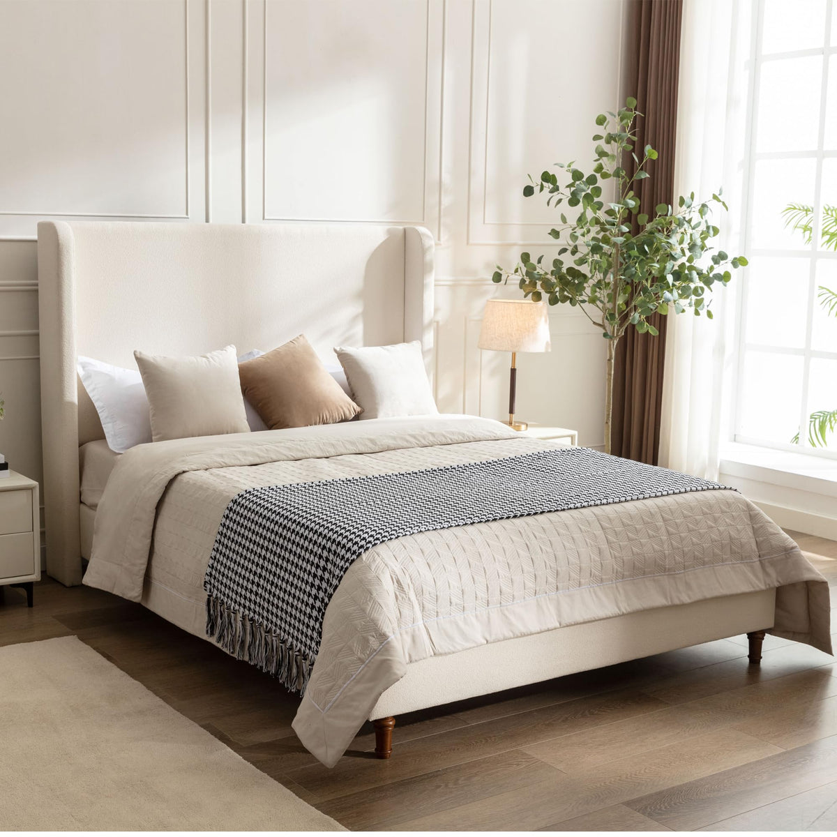 Harper Bed Frame with 54" Extra-Tall Headboard - Modern Wingback Upholstered Platform Bed, Textured Boucle Fabric, 1000lbs Heavy Duty Support, No Box Spring Needed(Ivory, King U.S. Standard)
