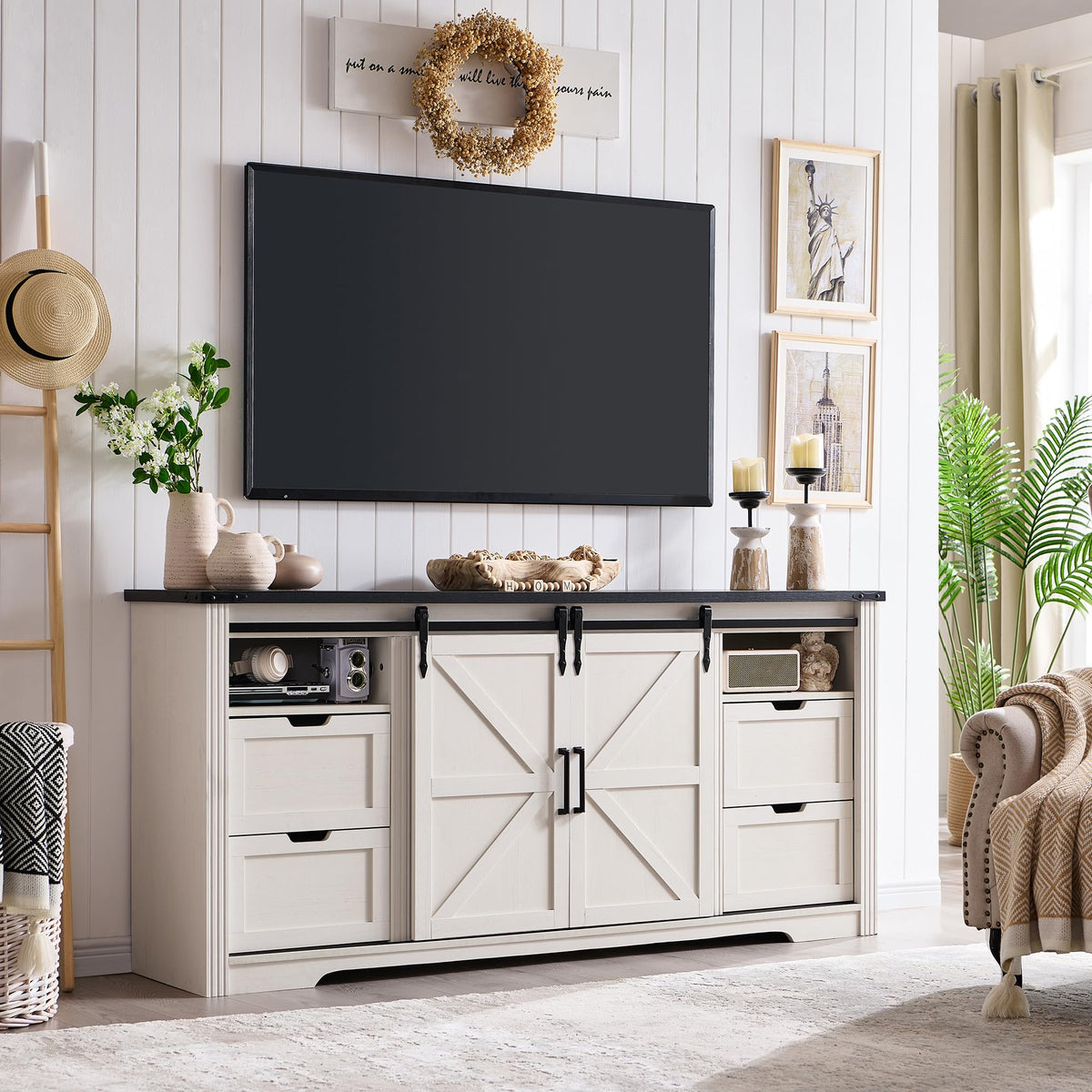 Farmhouse Fireplace TV Stand for 80 Inch TV, w/Drawer & Sliding Barn Door