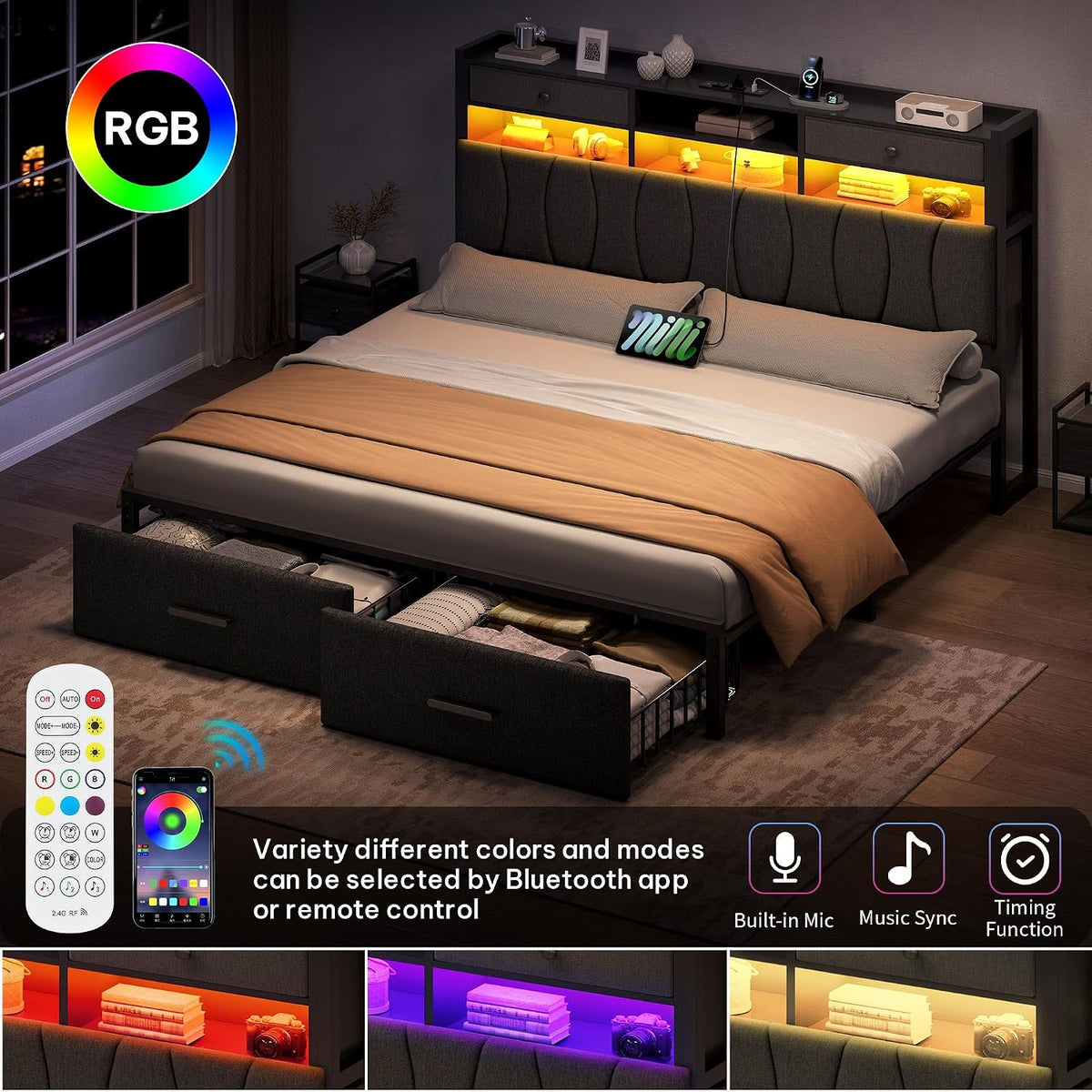 YITAHOME King Size Linen Upholstered Bed with Charging Station & LED Light