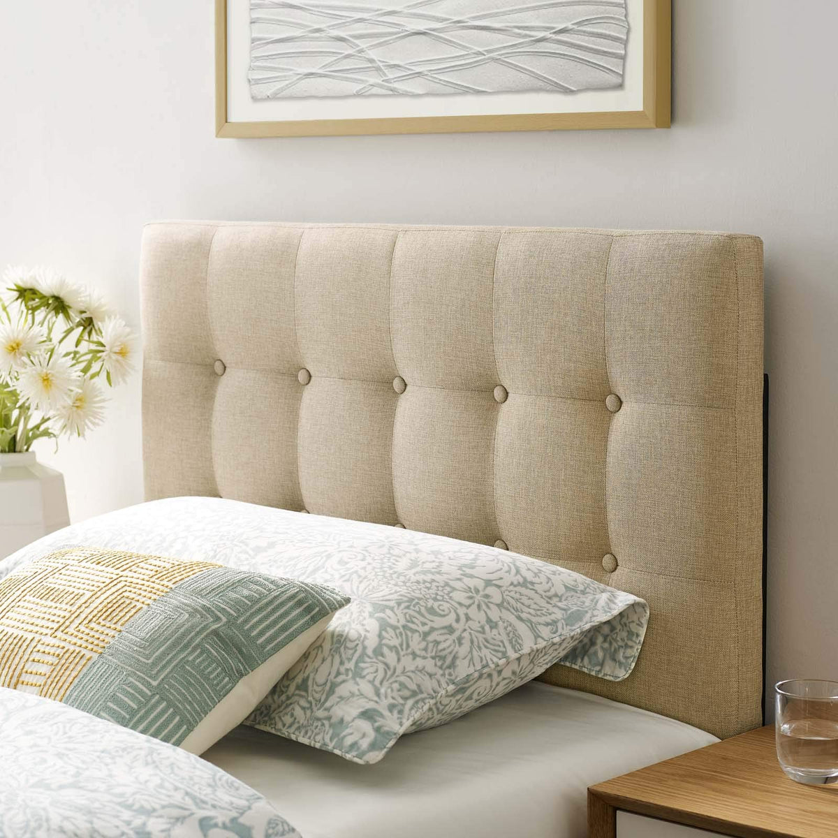 Modway Emily Tufted Button Linen Fabric Upholstered Full Headboard in Beige