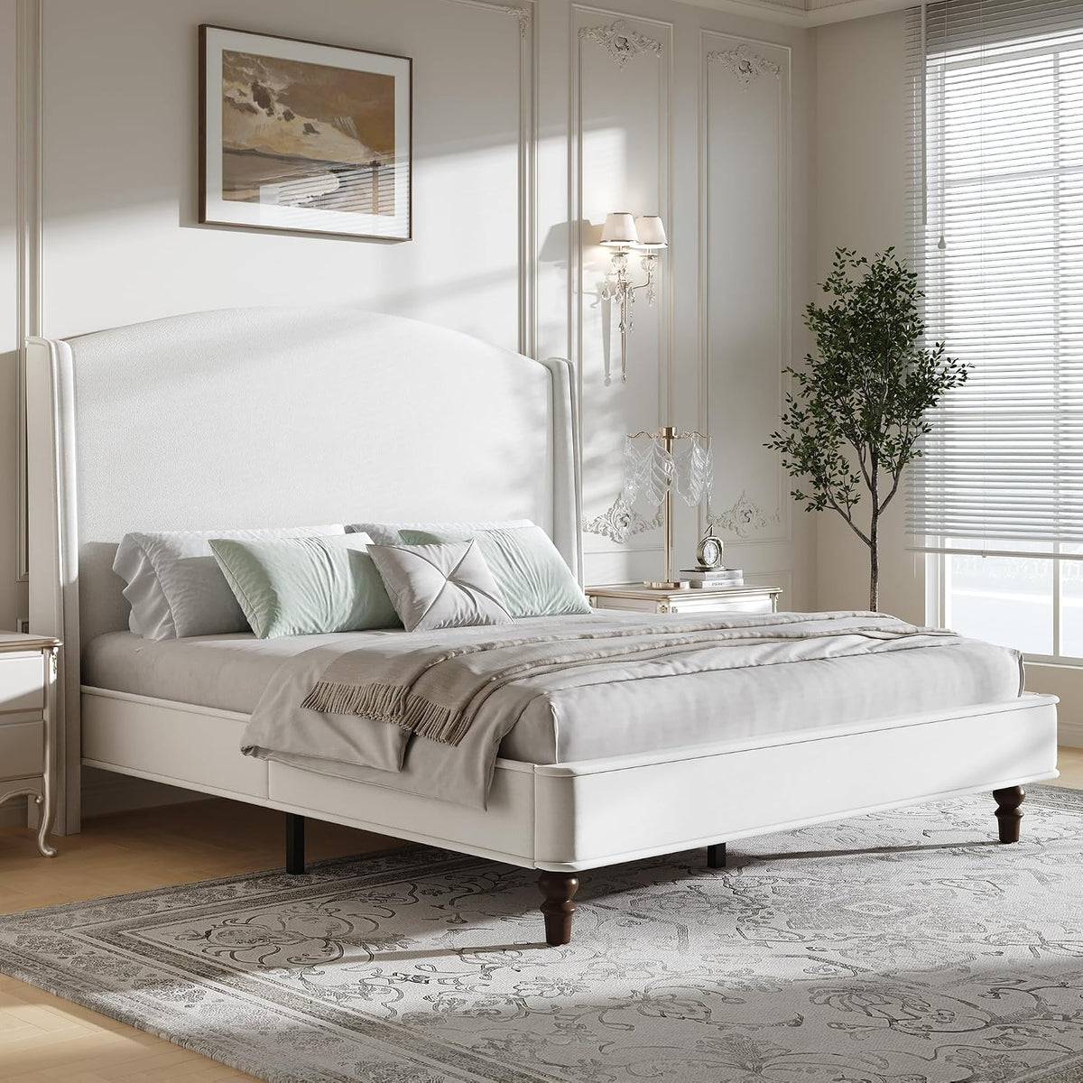 BarnFurin Queen Bed Frame, 52" Elegant Wingback Headboard, Beige