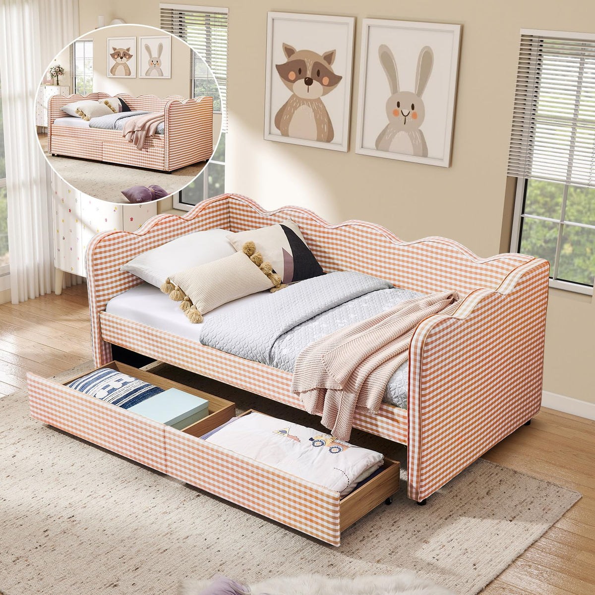 Twin Size Daybed with Pop Up Trundle, Linen Gingham Twin to King Daybed with USB Ports, Upholstered Day Bed Frame, Modern Sofa Bed for Living Room/Bedroom/Guest Room, No Box Spring Needed, Pink