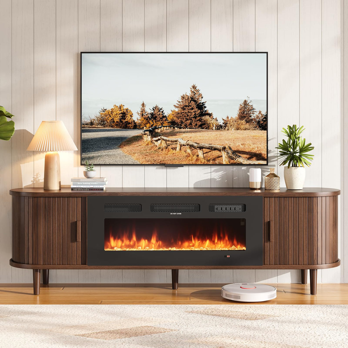 70" Mid Century Modern TV Stand with Fireplace, Fluted Fireplace TV Stand, Entertainment Center with Sliding Door, TV Console with Solid Wood Legs for Living Room, Black