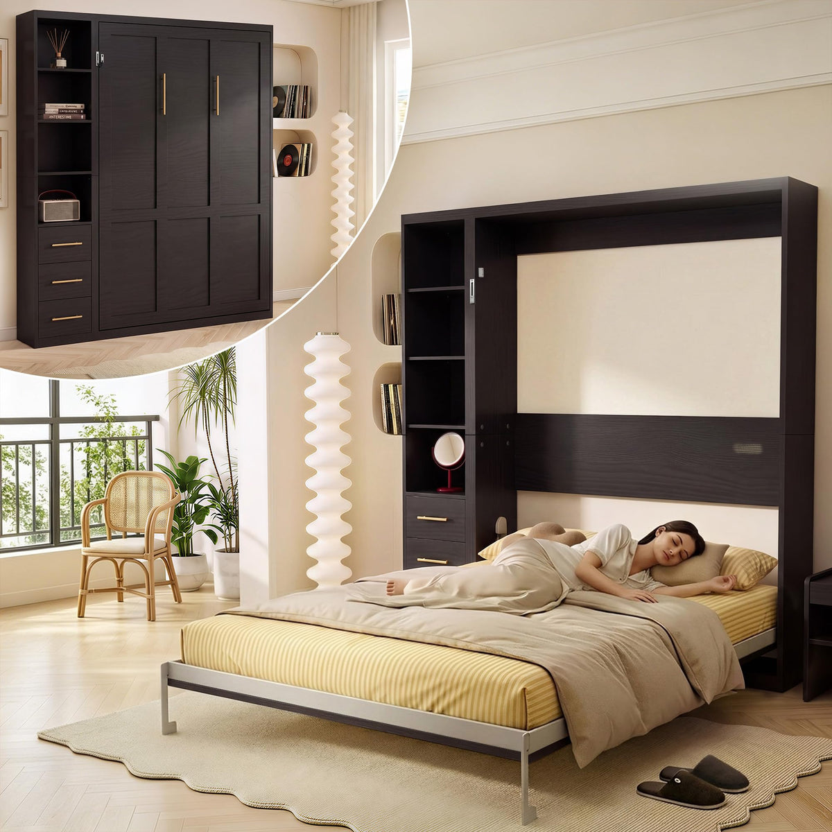 Olela Murphy Bed Queen with Desk & Bookcase, 4-Hydraulic Lift System,White