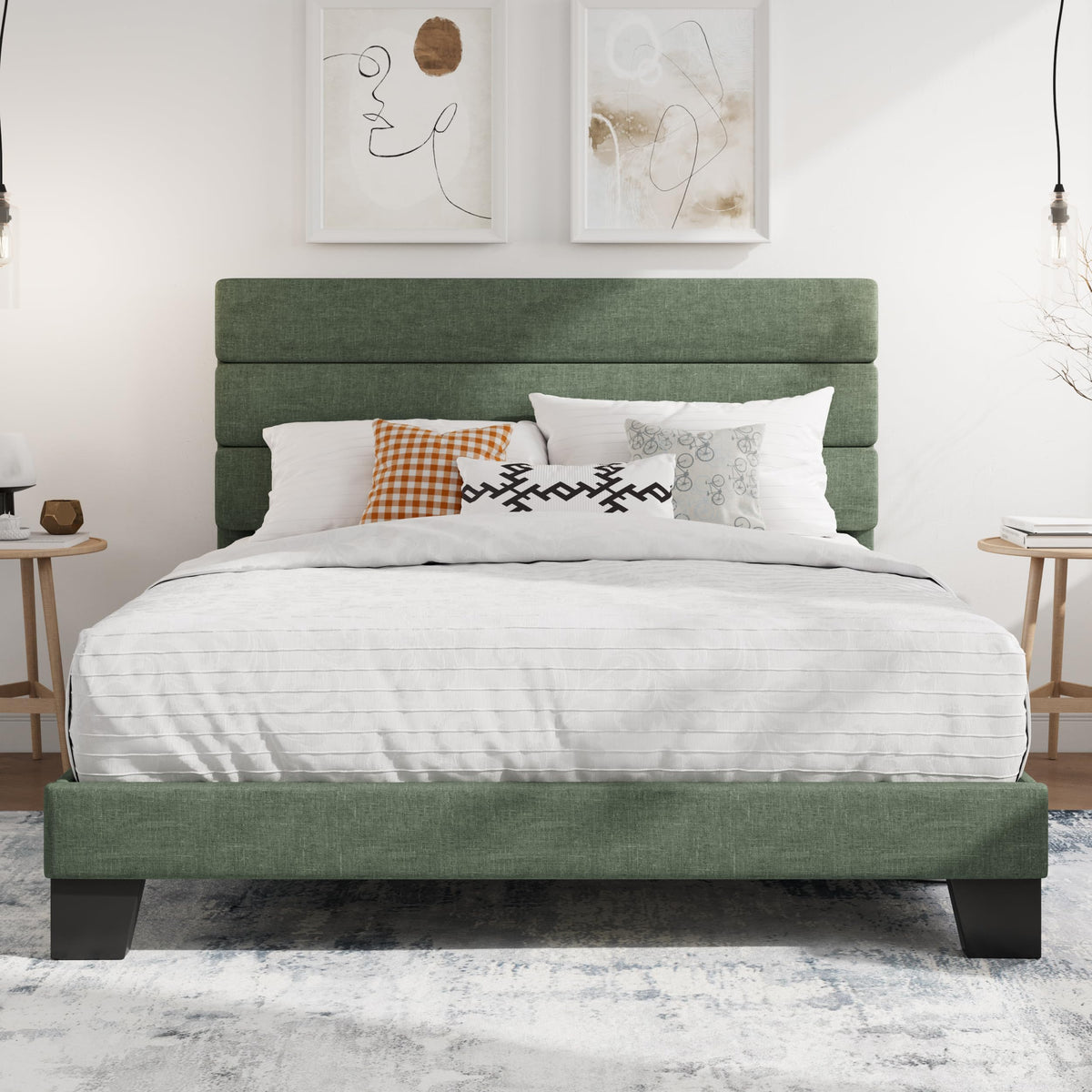 SHA CERLIN Queen Platform Bed Frame with Upholstered Fabric Headboard,Beige