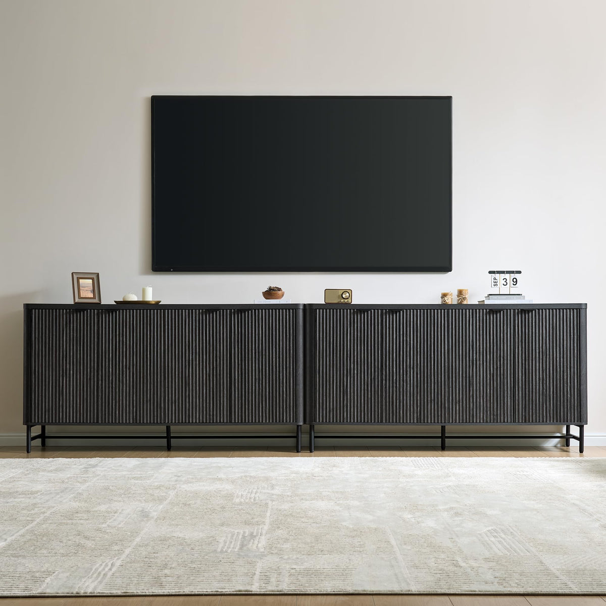 Fatmok Fluted TV Stand for up to 75" TVs, 68" Entertainment Center with 4 Doors, Modern Media Console with Adjustable Shelves & Storage Cabinets, Black and Grey