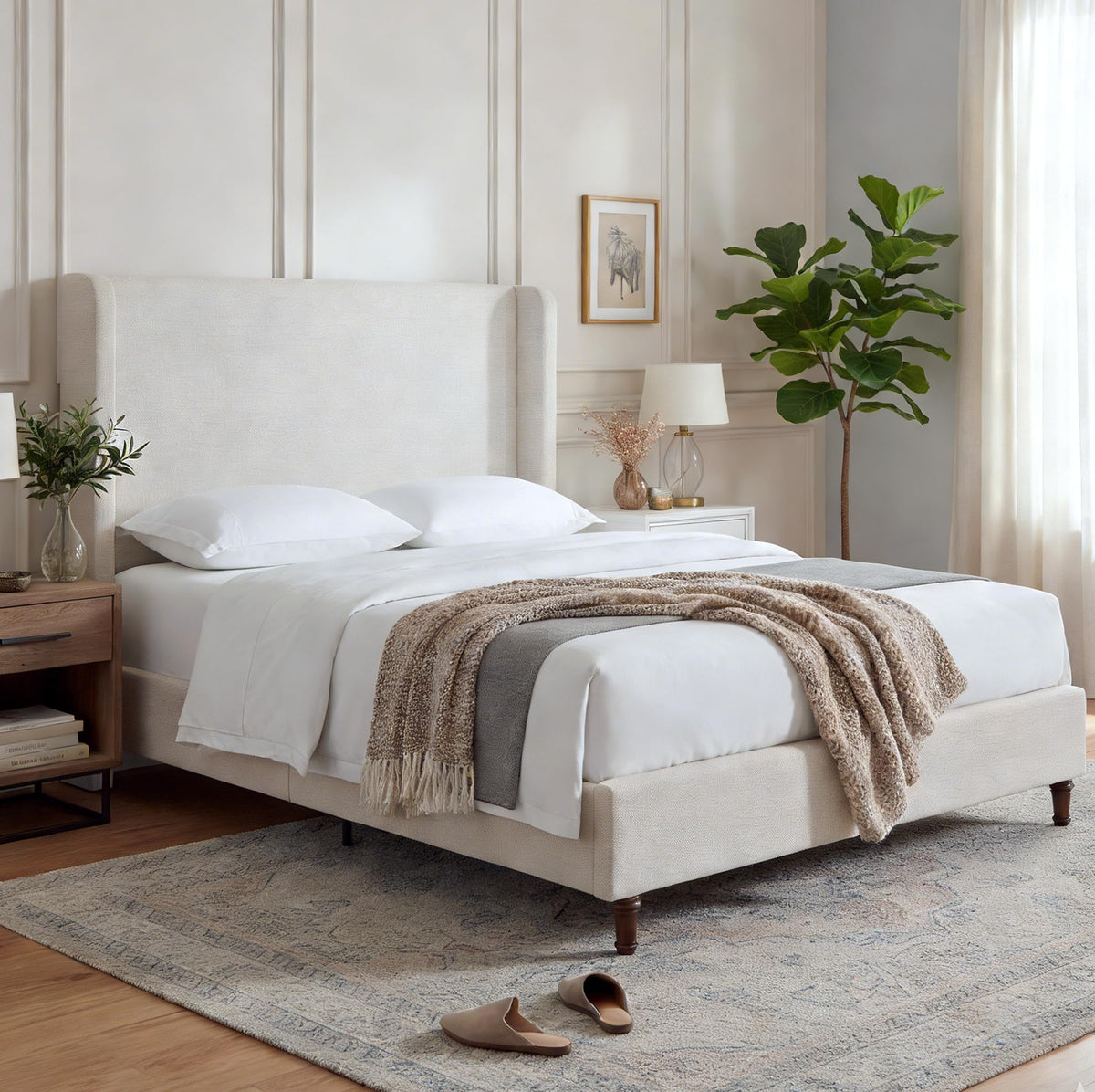 Harper Bed Frame with 54" Extra-Tall Headboard - Modern Wingback Upholstered Platform Bed, Textured Boucle Fabric, 1000lbs Heavy Duty Support, No Box Spring Needed(Ivory, King U.S. Standard)