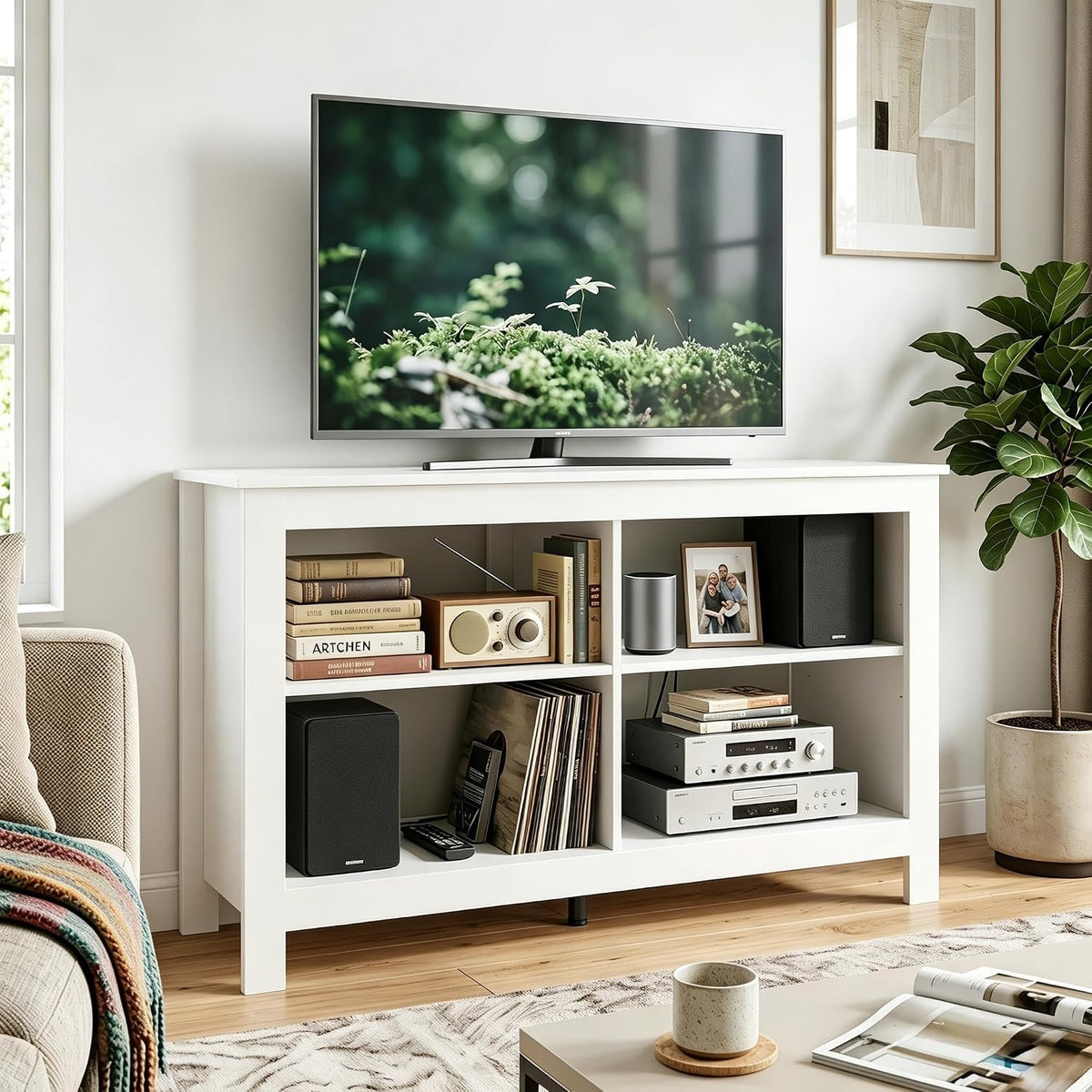43 inch TV Stand, Suitable for TVs up to 50 inches, Small TV Stands with Open Storage Shelves, Living Room Entertainment Centers, and Bedroom TV Consoles (White)