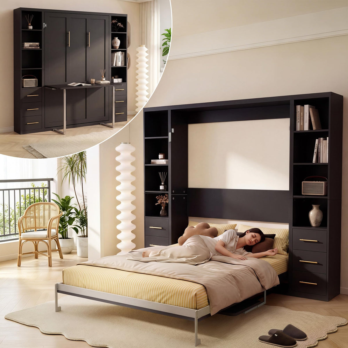 Olela Murphy Bed Queen with Desk & Bookcase, 4-Hydraulic Lift System,White
