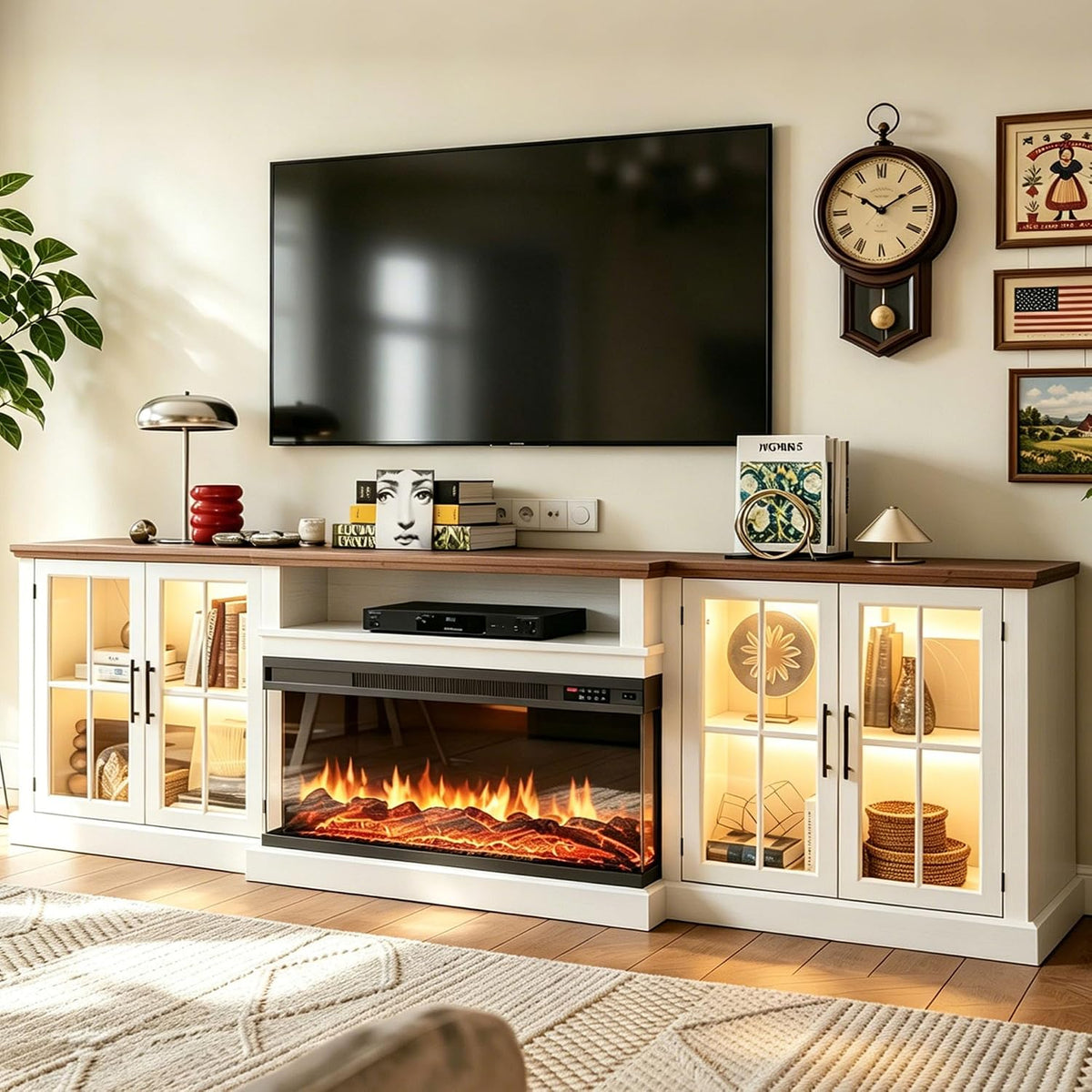 98" Farmhouse TV Stand with Fireplace, White & Black