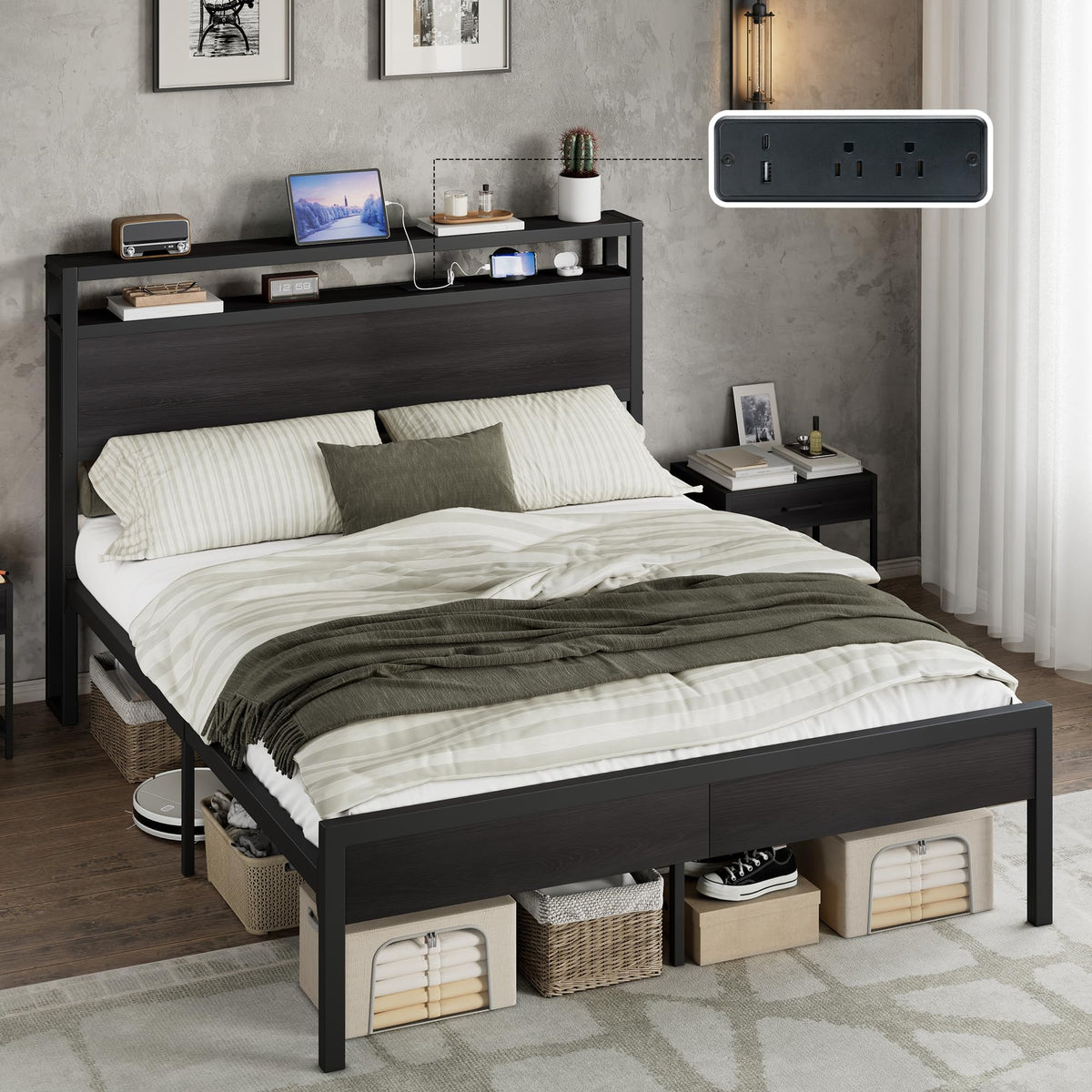 AMERLIFE King Size Platform Bed Frame with Charging Station