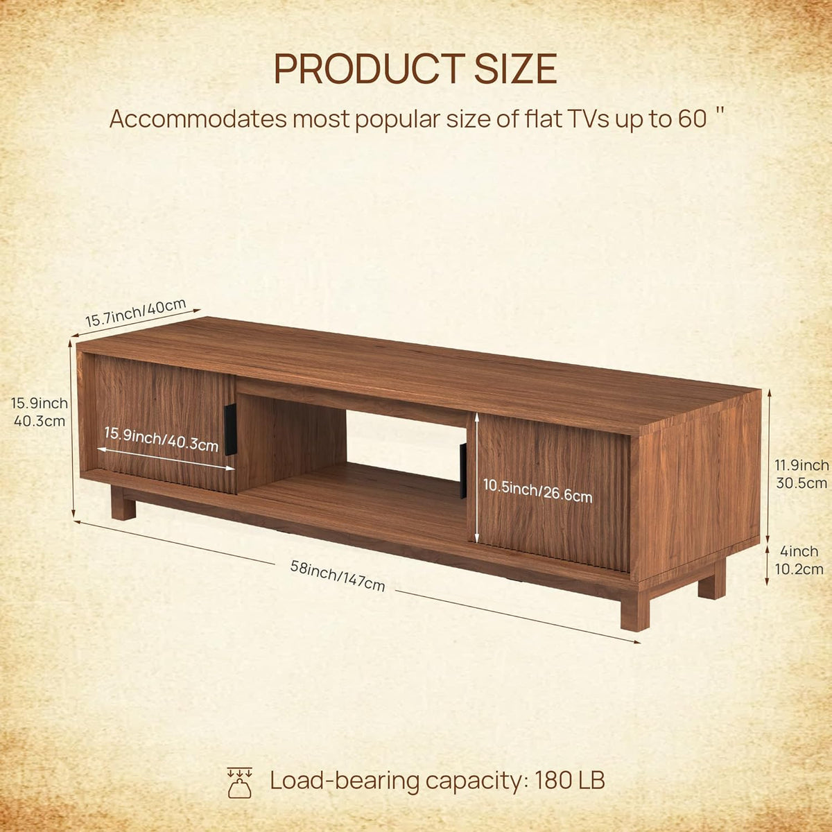 Alpen Fluted TV Stands for Living Room, 58" Mid Century Modern Entertainment Center with Storage, Brown Walnut TV Console for 55/60/65 Inch TV, Wood Television Media Cabinet for Bedroom
