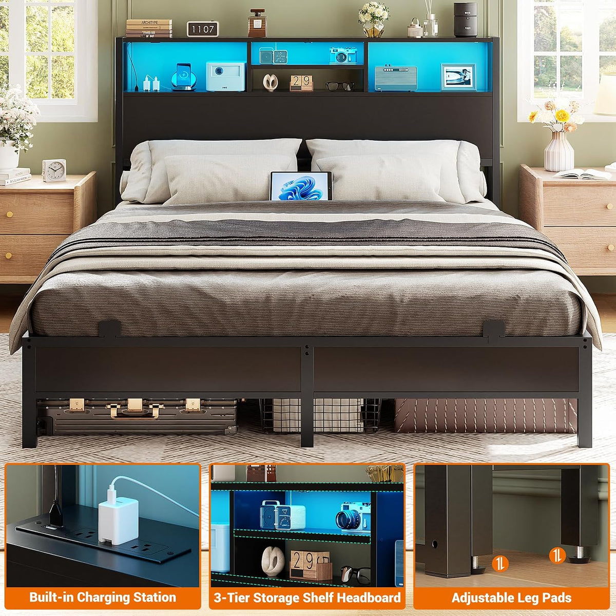 Aheaplus Headboard for Queen Size Bed with Storage, Headboards with Outlets