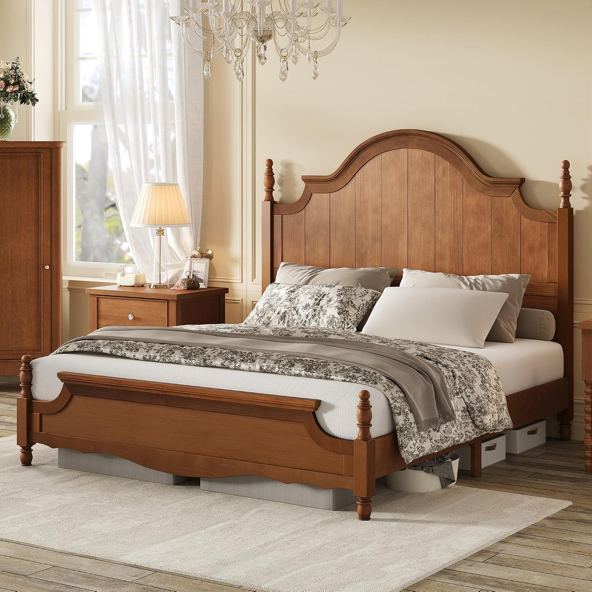 AMERLIFE King Solid Wood Poster Bed with Arched Headboard, Brown