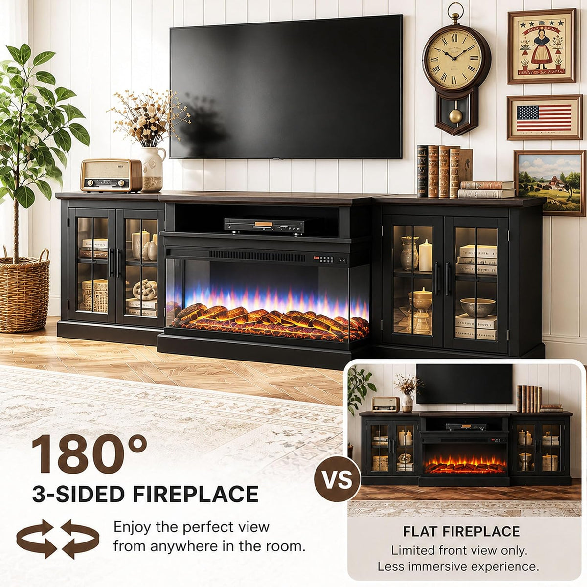 98" Farmhouse TV Stand with 36" Fireplace, Black & Black