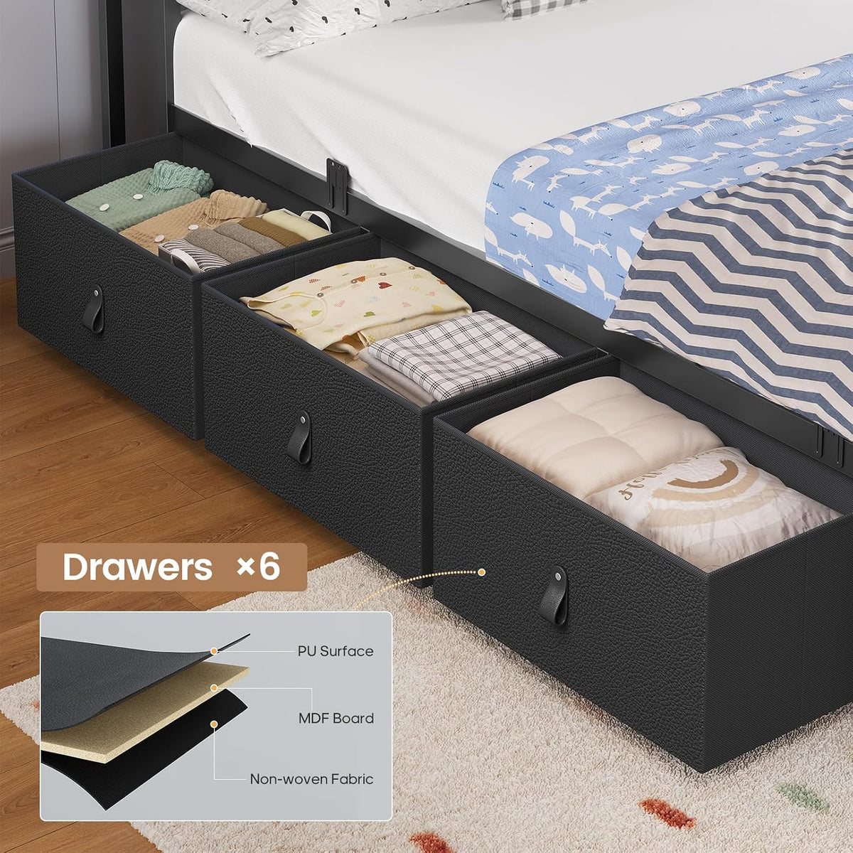 ADORNEVE Twin Bed Frame with 6 Storage Drawers & LED Headboard, Black