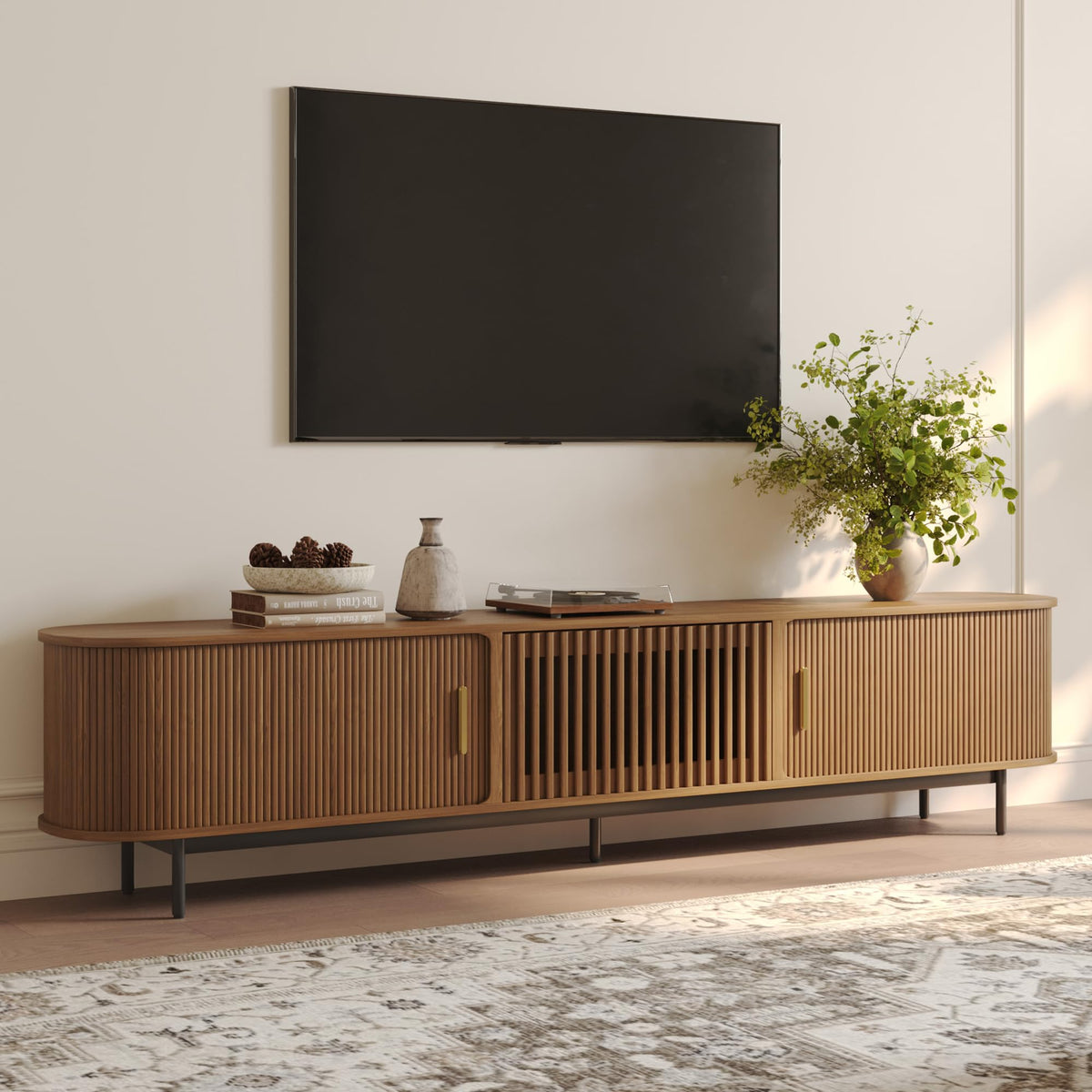 POVISON 118.11" Wood Fully-Assembled Sliding Tambour Door TV Stand, Black